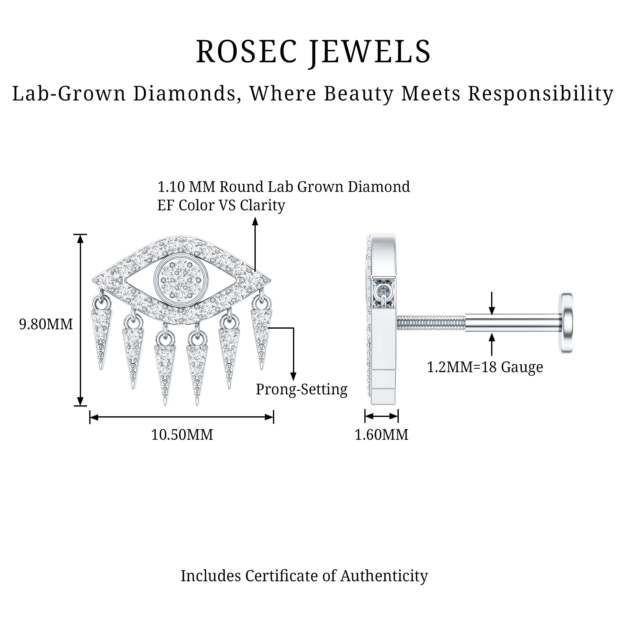 Diamond Evil Eye Earring for Upper Lobe Piercing Lab - ( EF-VS ) - Rosec Jewels