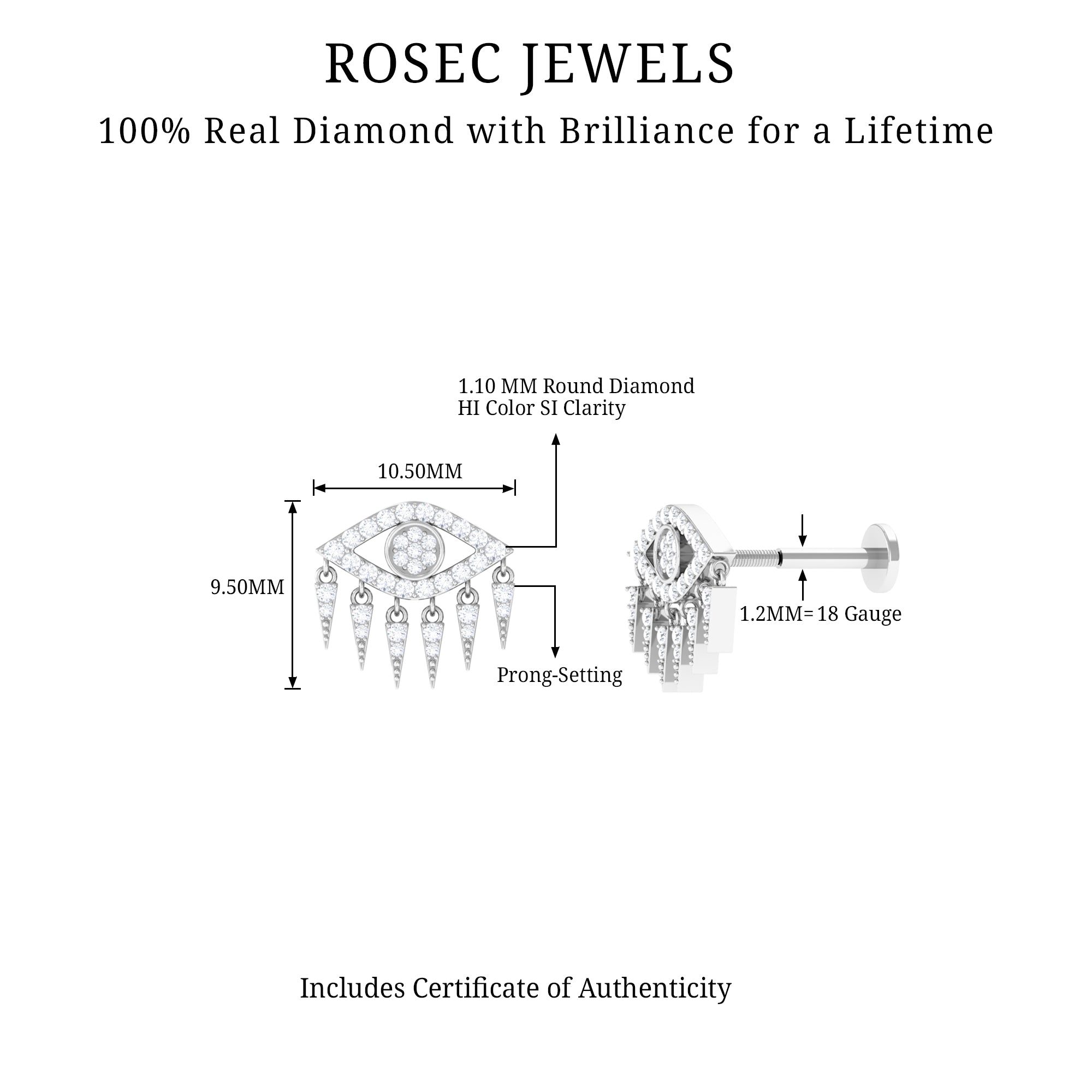Diamond Evil Eye Earring for Upper Lobe Piercing Lab - ( EF-VS ) - Rosec Jewels