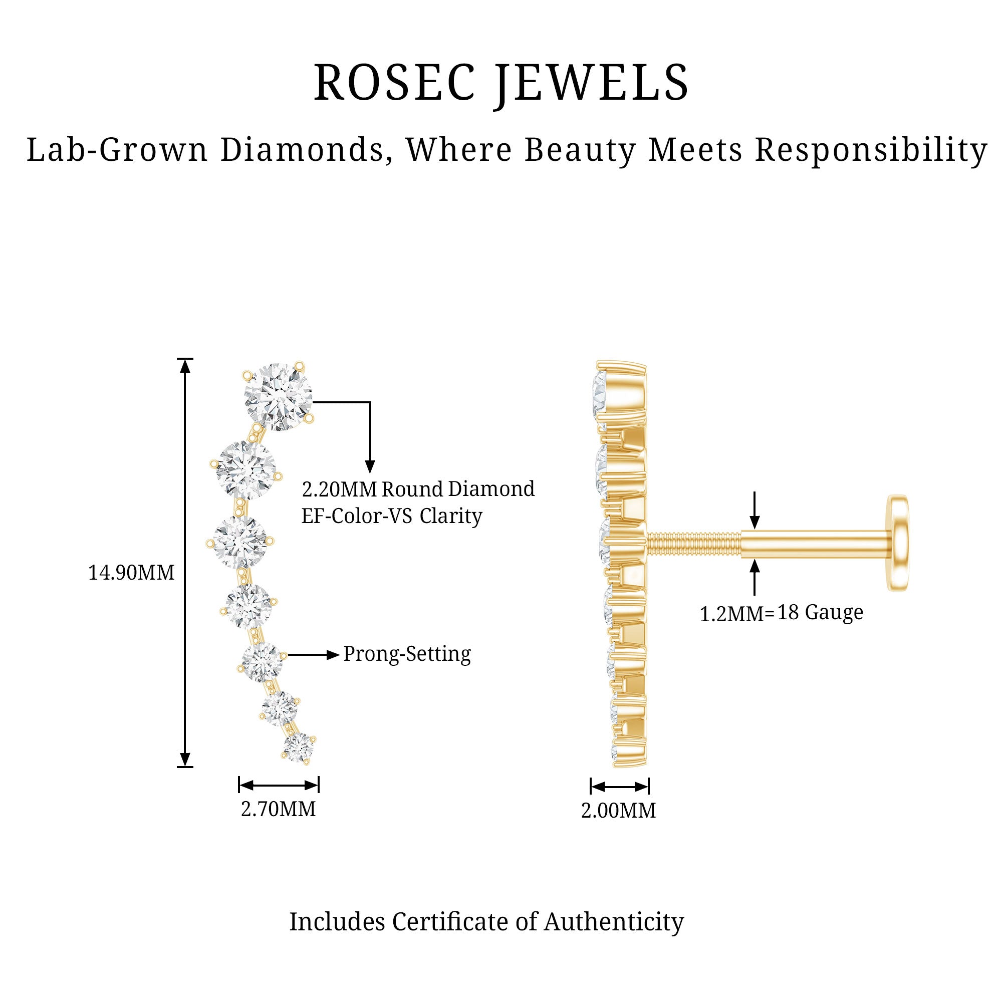 Brilliant Cut Diamond Ear Climber Earring for Helix Piercing Lab - ( EF-VS ) - Rosec Jewels
