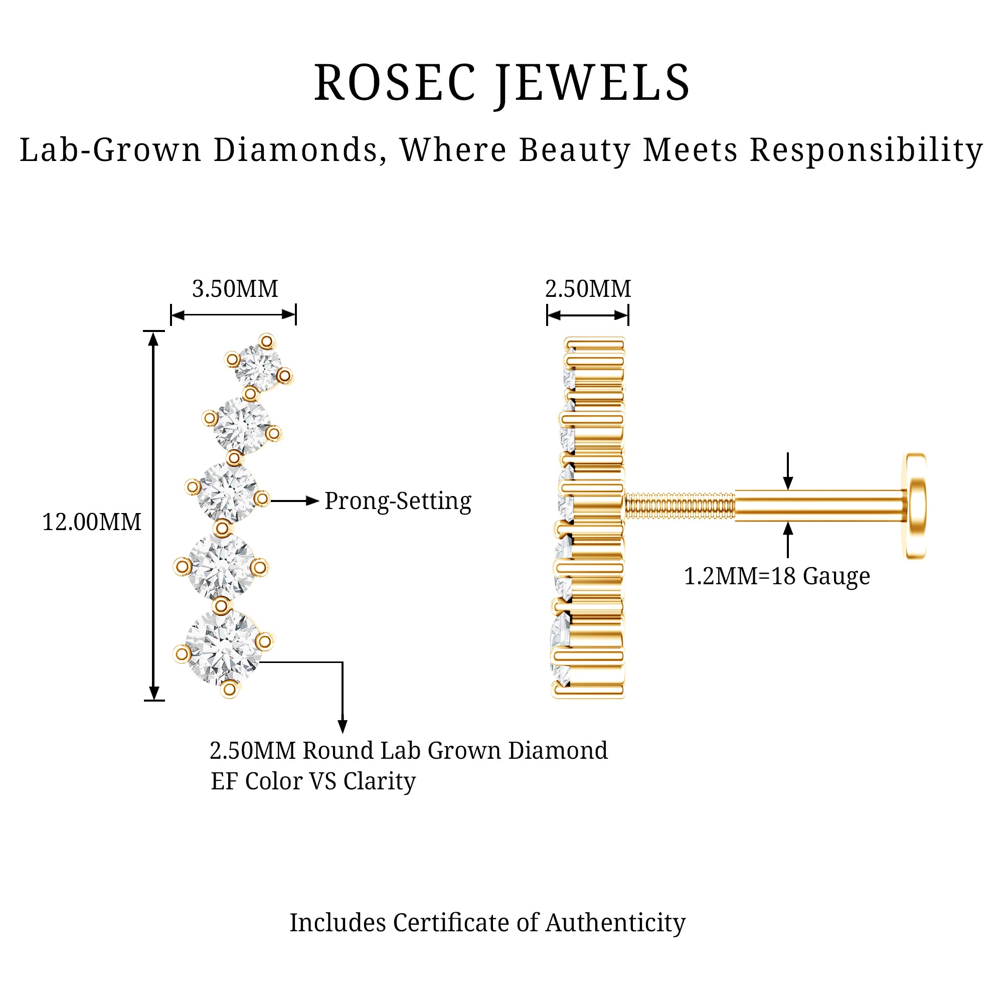 Minimal Graduated Diamond Crawler Earring Lab - ( EF-VS ) - Rosec Jewels