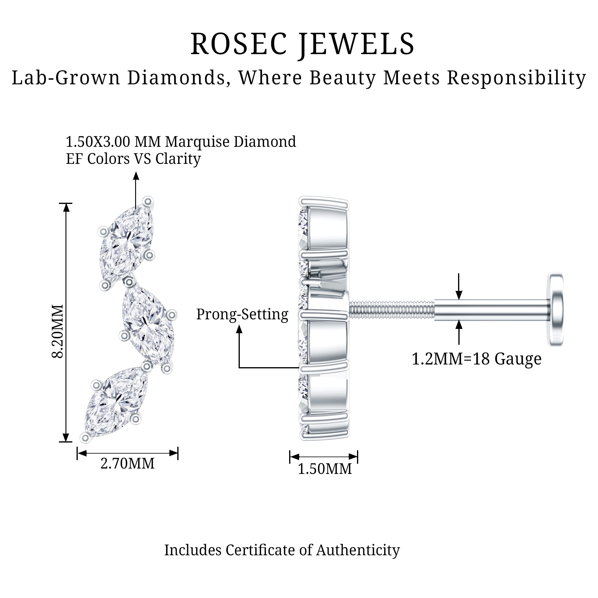 Classic Marquise Diamond Helix Earring Lab - ( EF-VS ) - Rosec Jewels