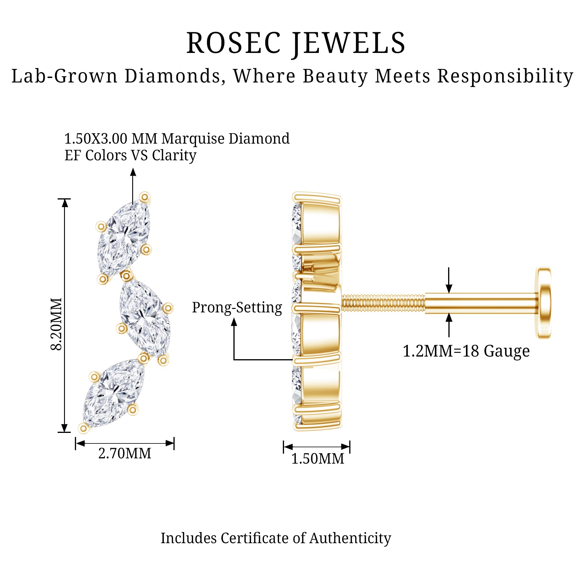 Classic Marquise Diamond Helix Earring Lab - ( EF-VS ) - Rosec Jewels