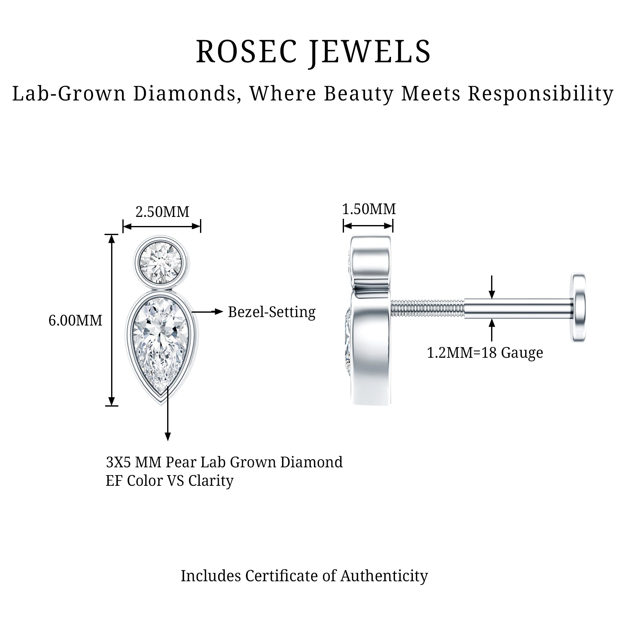 Minimal Pear Diamond Tragus Earring in Bezel Setting Lab - ( EF-VS ) - Rosec Jewels