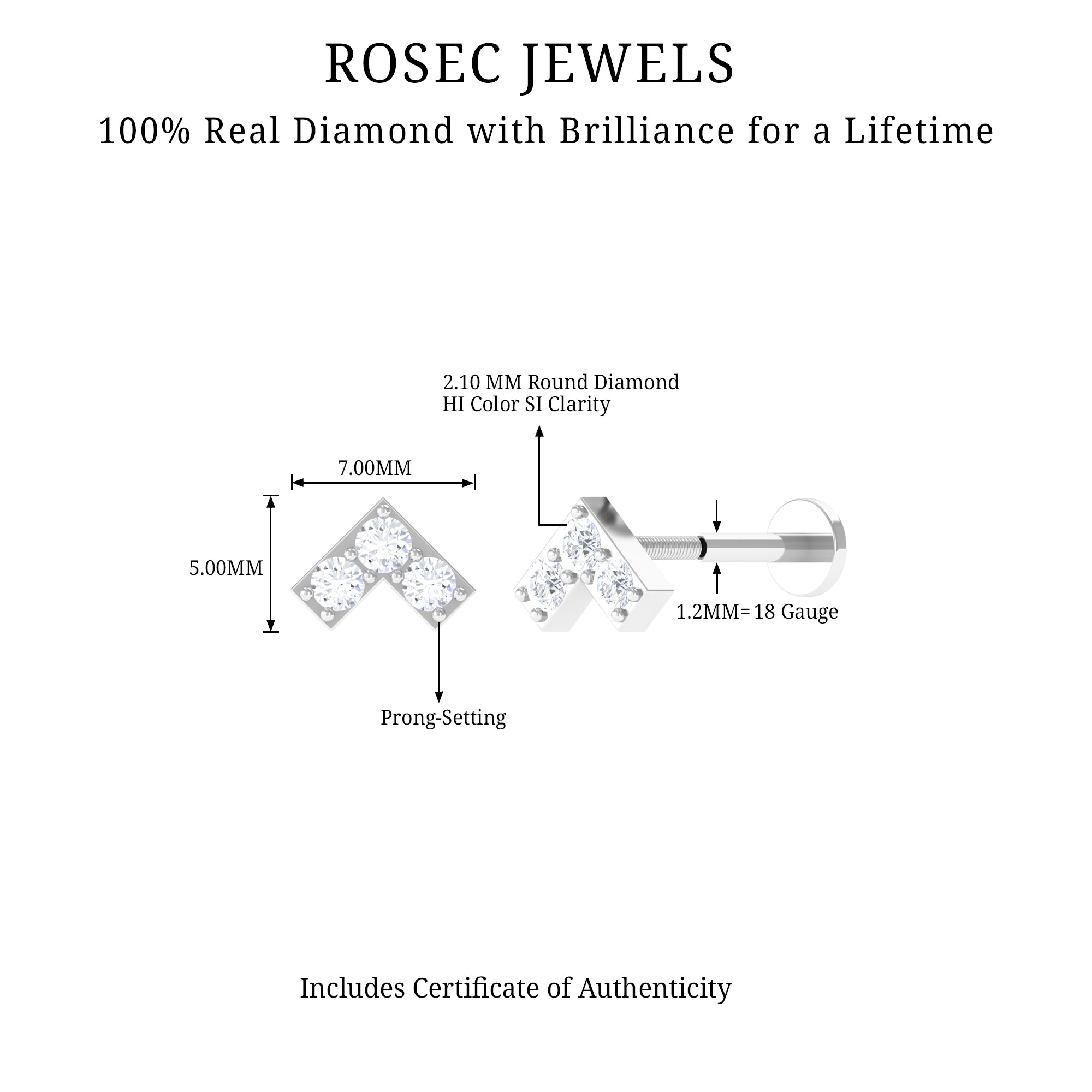 Certified Diamond Chevron V Earring for Tragus Piercing Lab - ( EF-VS ) - Rosec Jewels