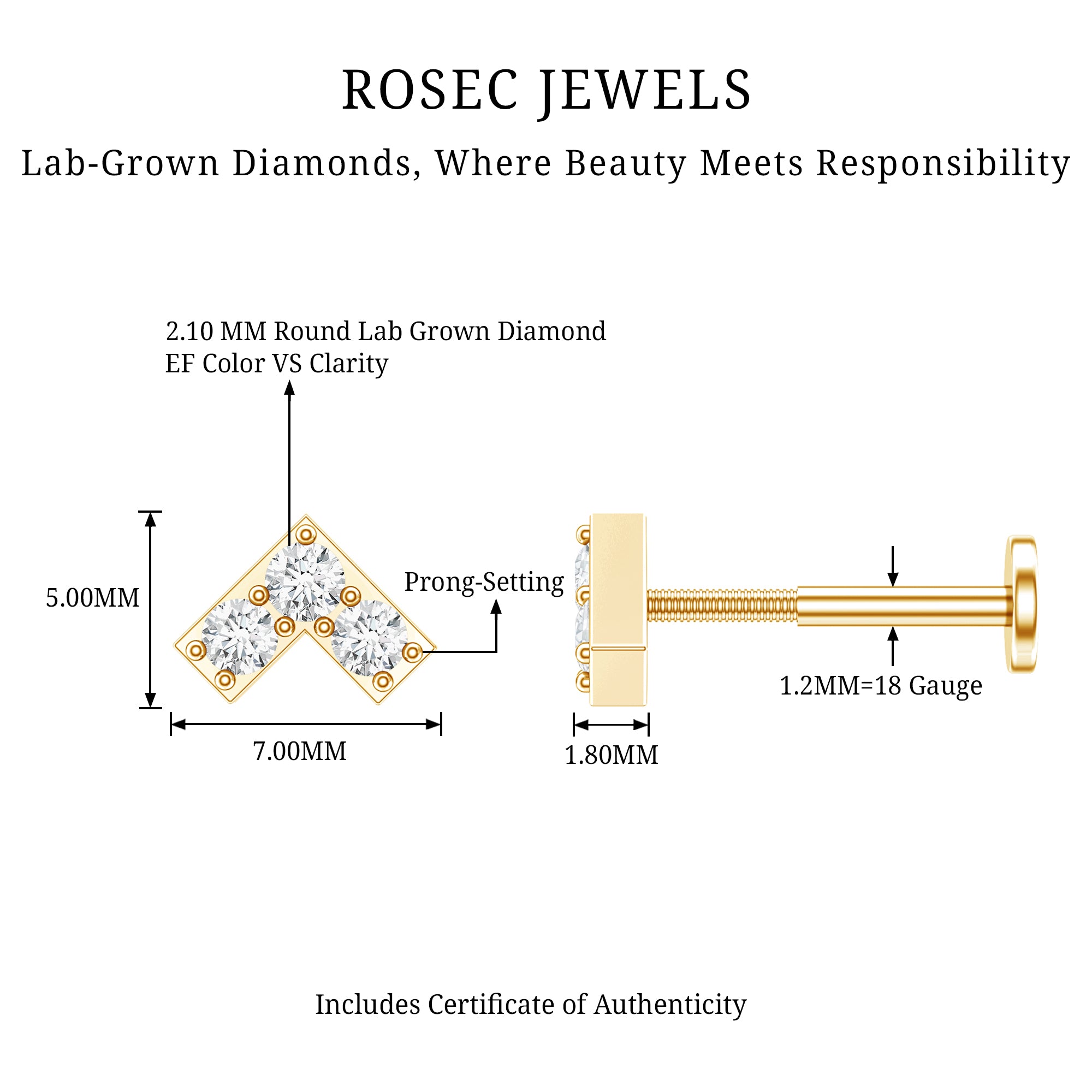 Certified Diamond Chevron V Earring for Tragus Piercing Lab - ( EF-VS ) - Rosec Jewels