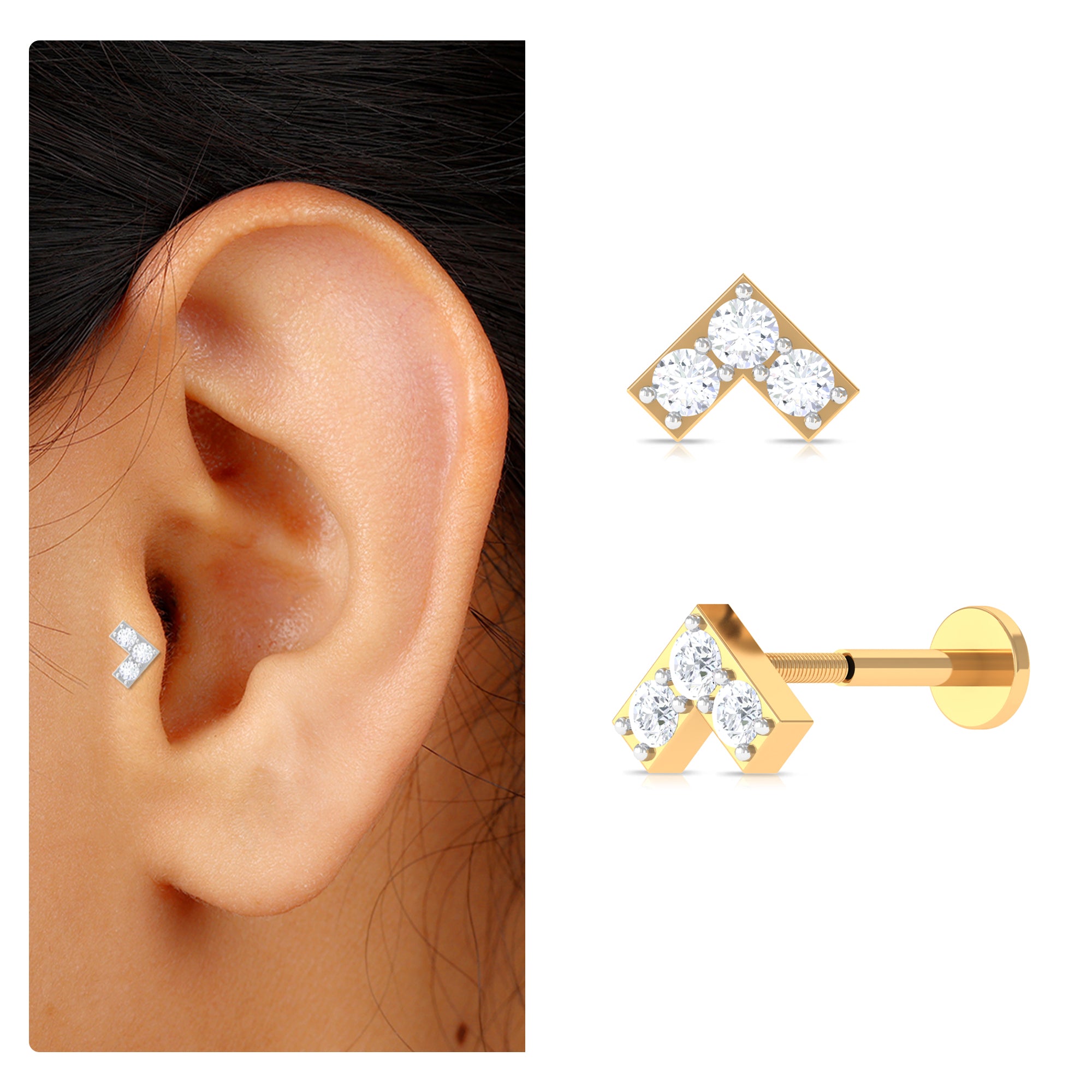 Certified Diamond Chevron V Earring for Tragus Piercing Lab - ( EF-VS ) - Rosec Jewels