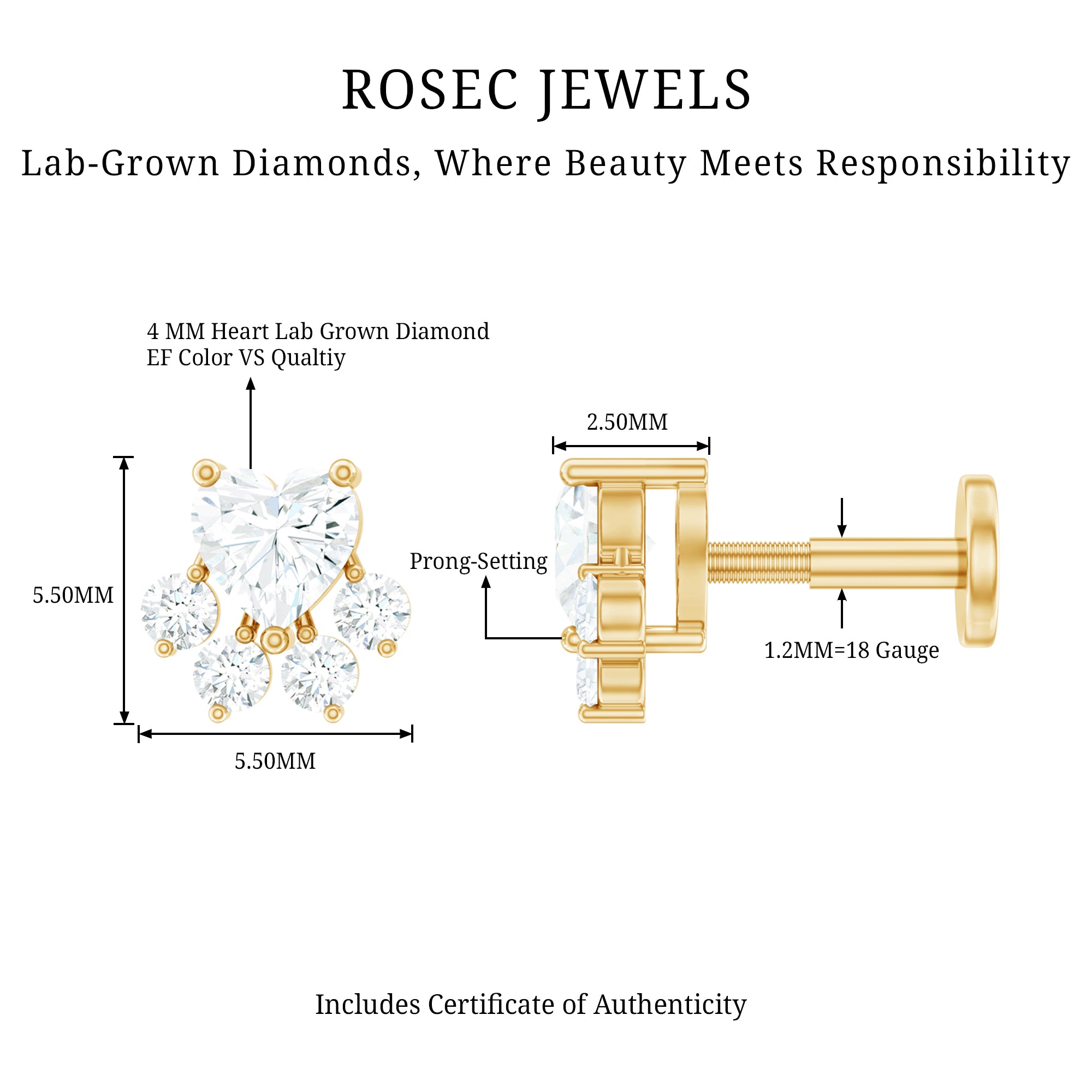 Heart Shape Diamond Dog Paw Earring for Helix Piercing Lab - ( EF-VS ) - Rosec Jewels