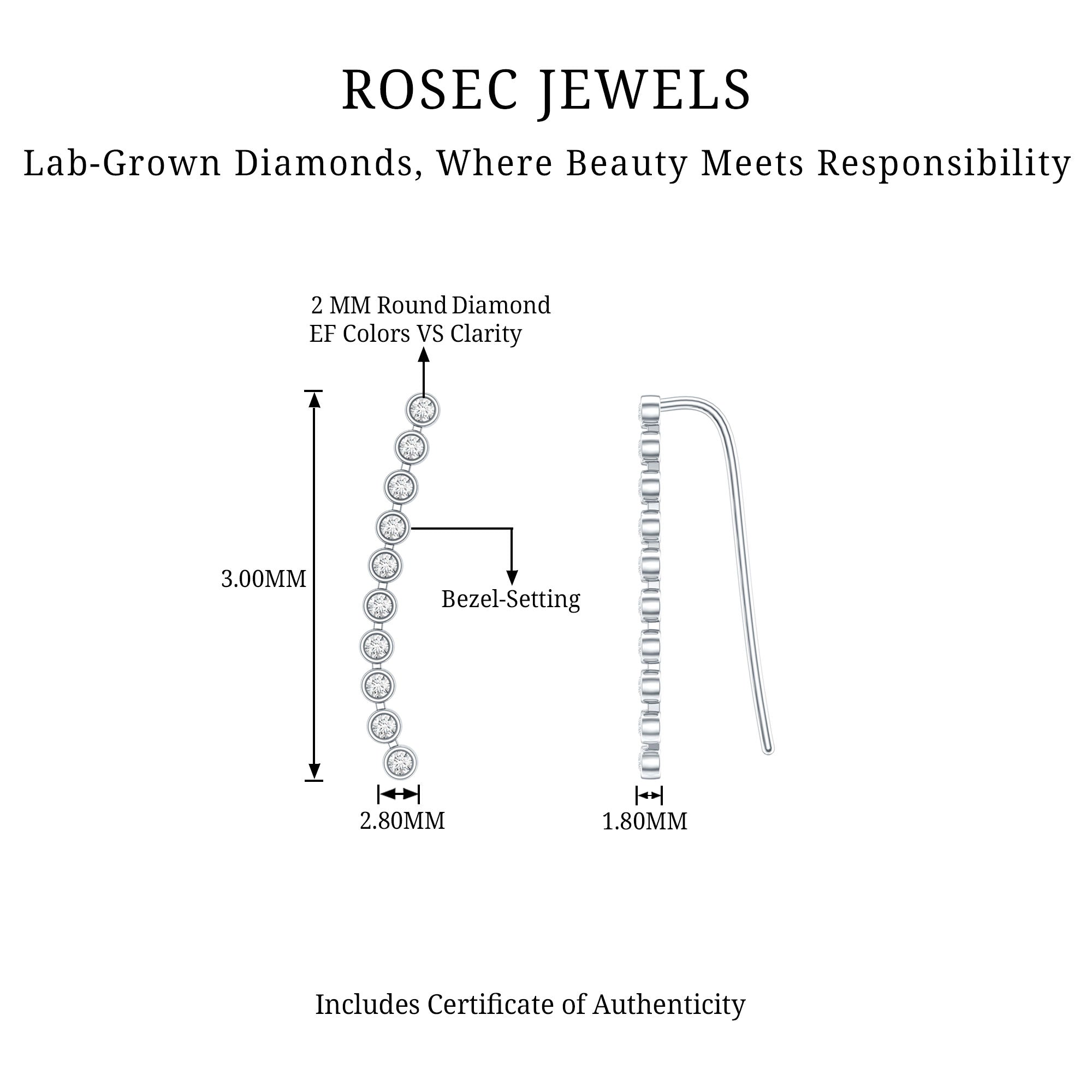Diamond Ear Climber Earring for Cartilage Piercing Lab - ( EF-VS ) - Rosec Jewels