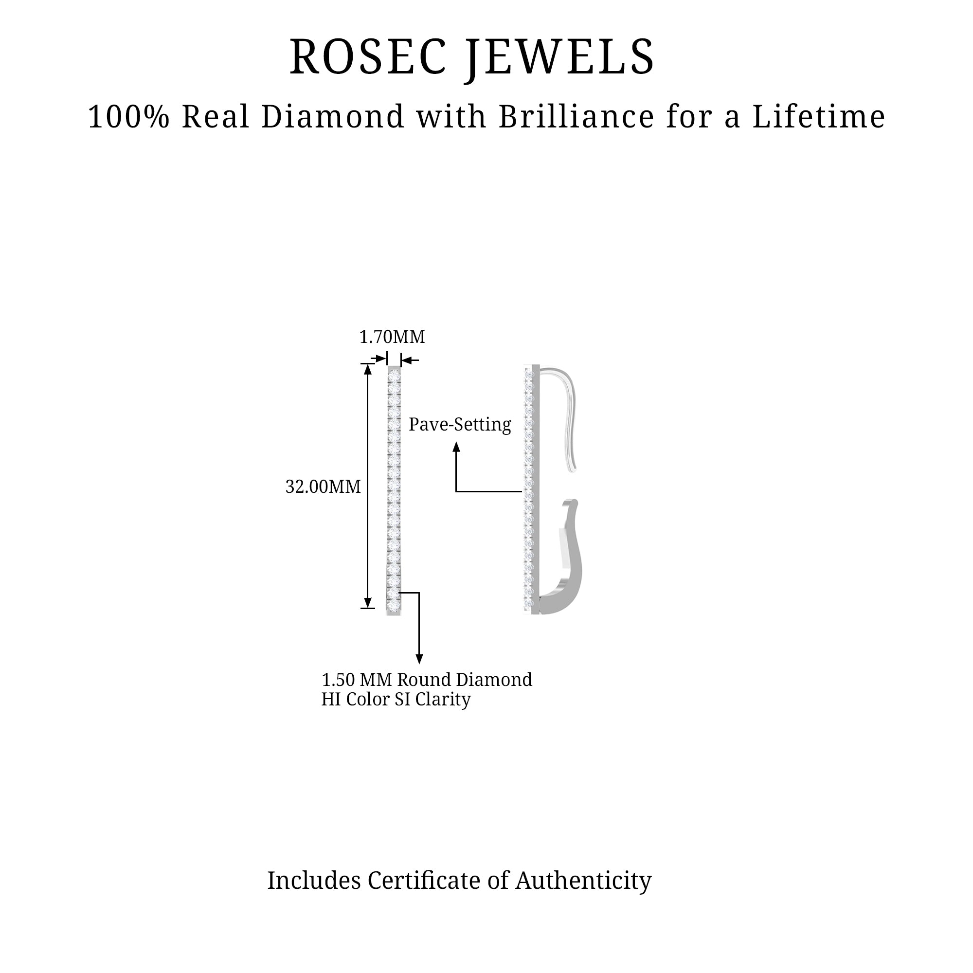 Pave Set Diamond Bar Ear Cuff No Piercing Lab - ( EF-VS ) - Rosec Jewels