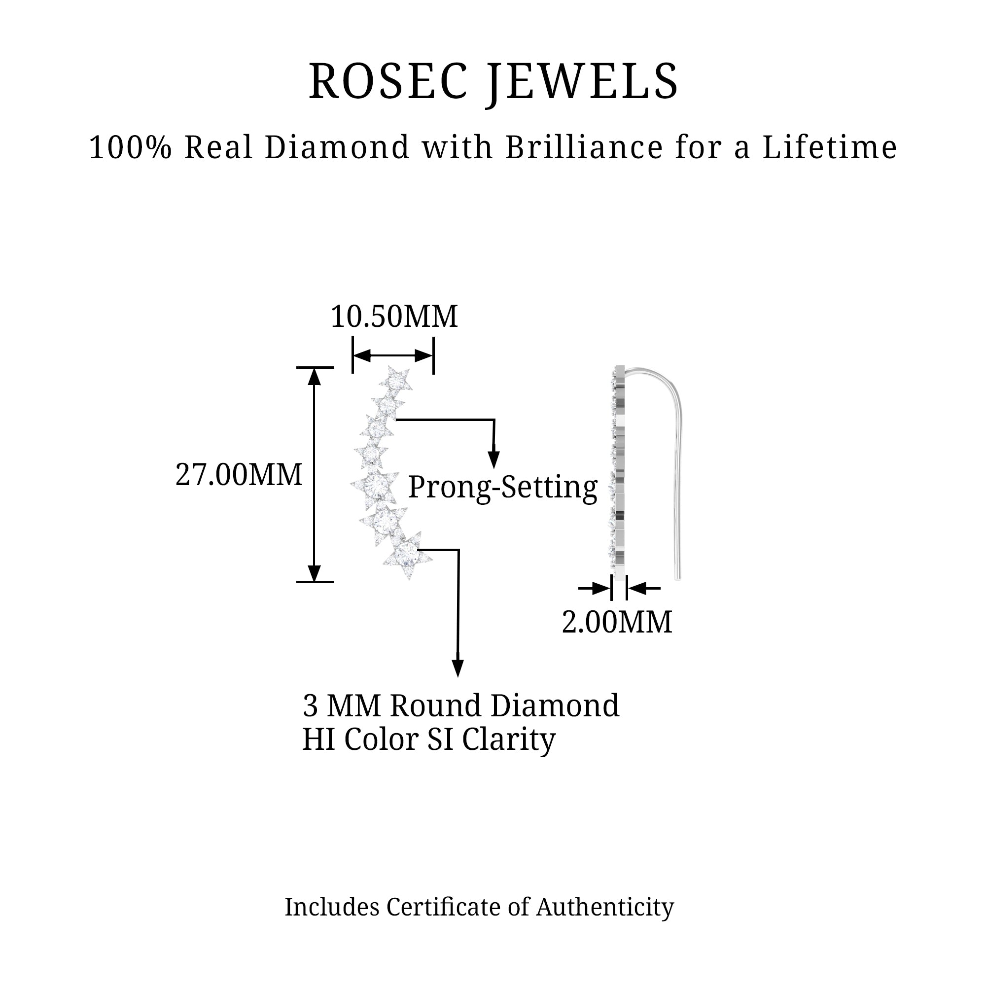 Certified Diamond Star Ear Cuff Earring for Helix Piercing Lab - ( EF-VS ) - Rosec Jewels