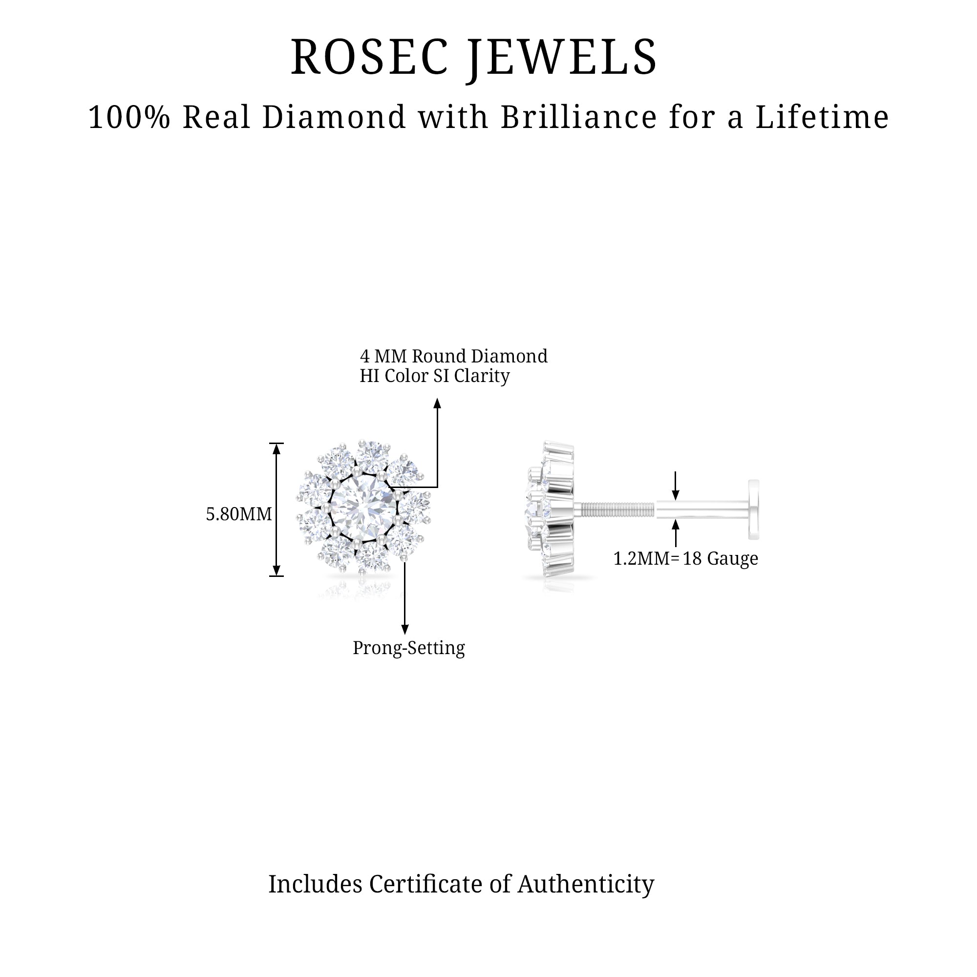 Rosec Jewels-Certified Diamond Cluster Stud Earring with Flat Back