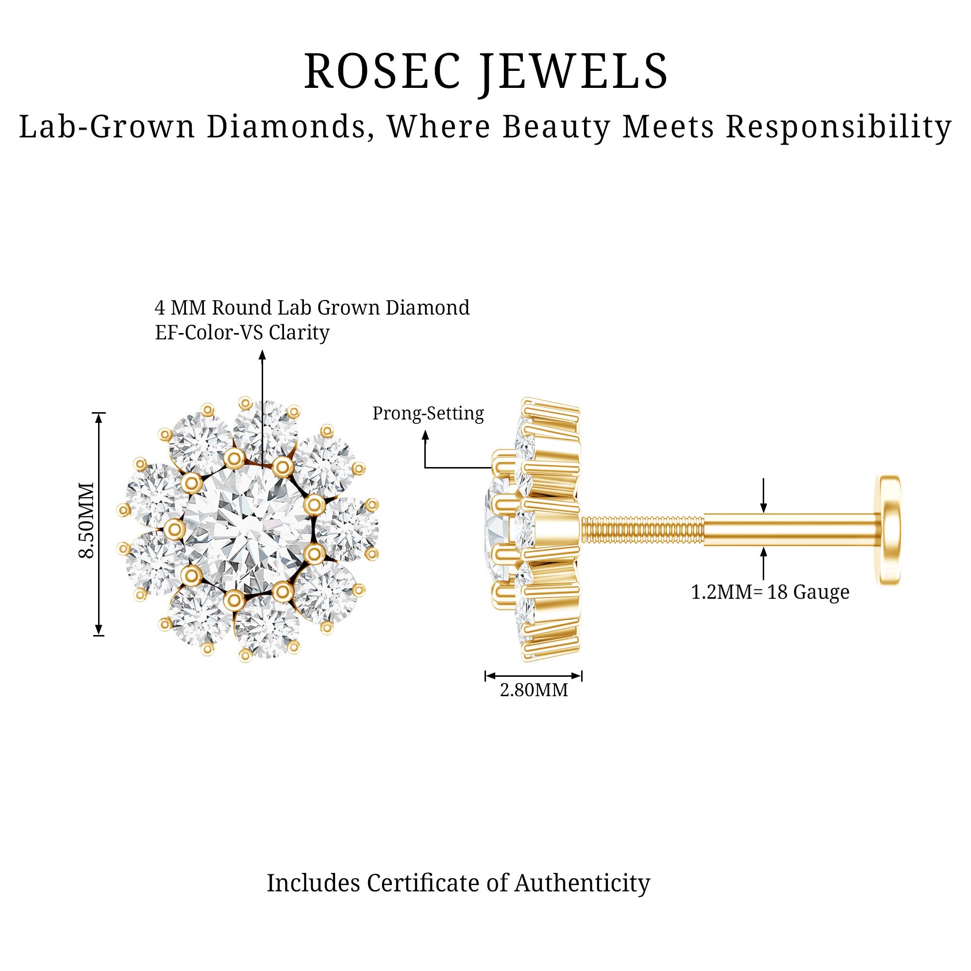Certified Diamond Cluster Stud Earring with Flat Back Lab - ( EF-VS ) - Rosec Jewels