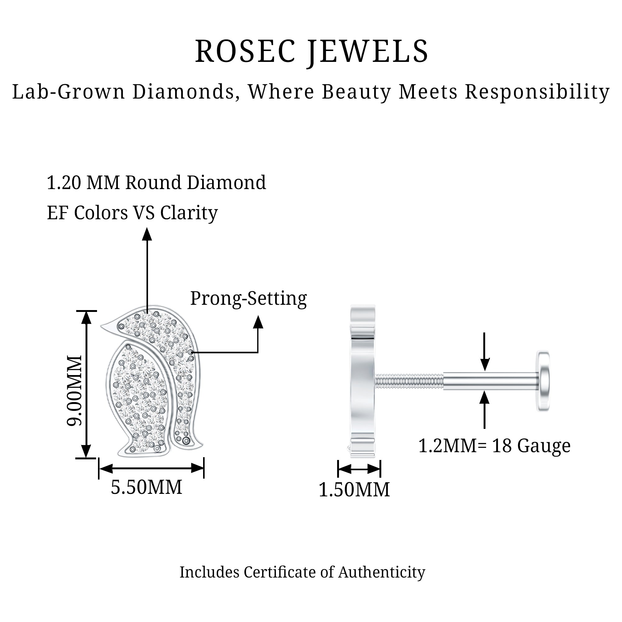 Cute Diamond Penguin Earring for Cartilage Piercing Lab - ( EF-VS ) - Rosec Jewels