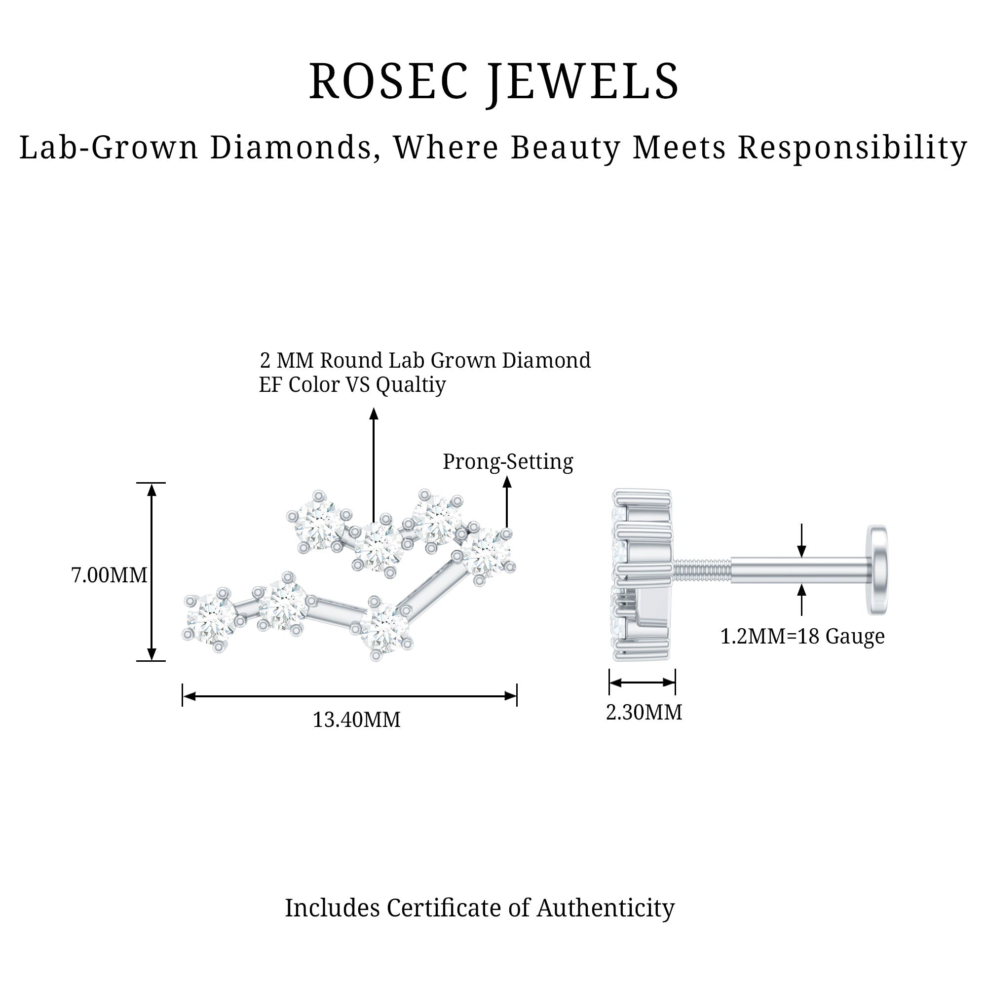 Round Diamond Gemini Zodiac Cartilage Earring Lab - ( EF-VS ) - Rosec Jewels