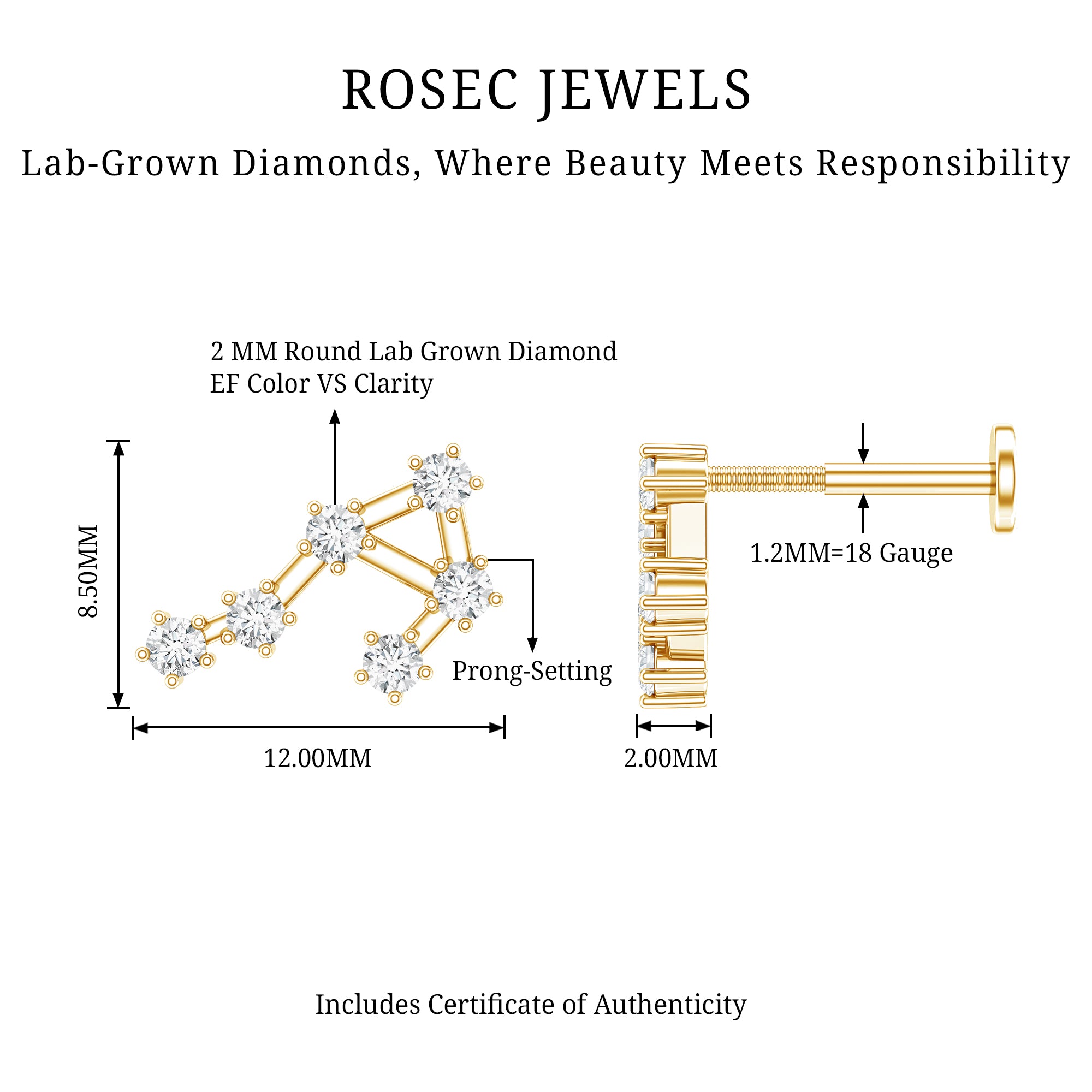 Certified Diamond Libra Constellation Piercing Earring Lab - ( EF-VS ) - Rosec Jewels
