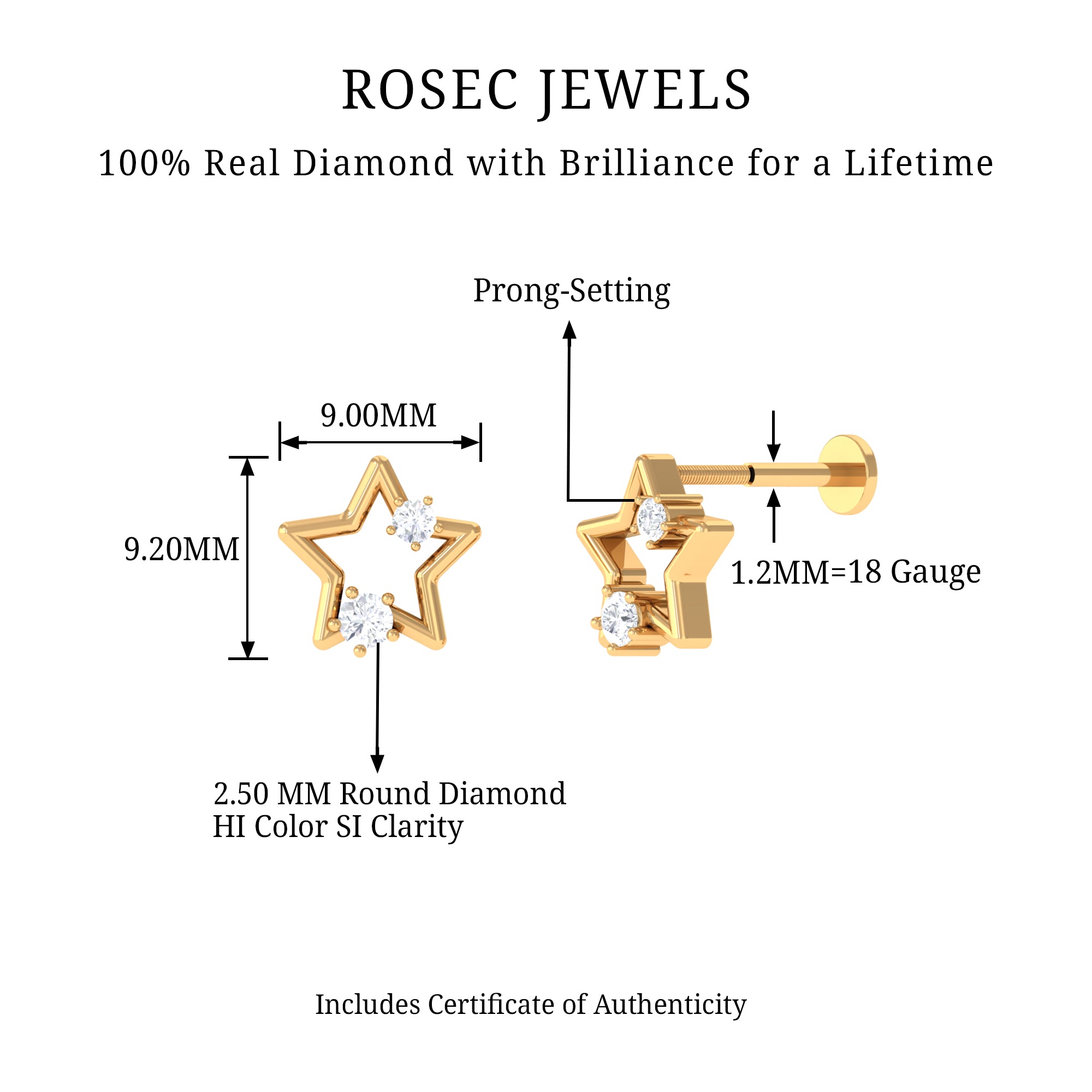 Certified Diamond Star Earring for Upper Lobe Piercing Lab - ( EF-VS ) - Rosec Jewels