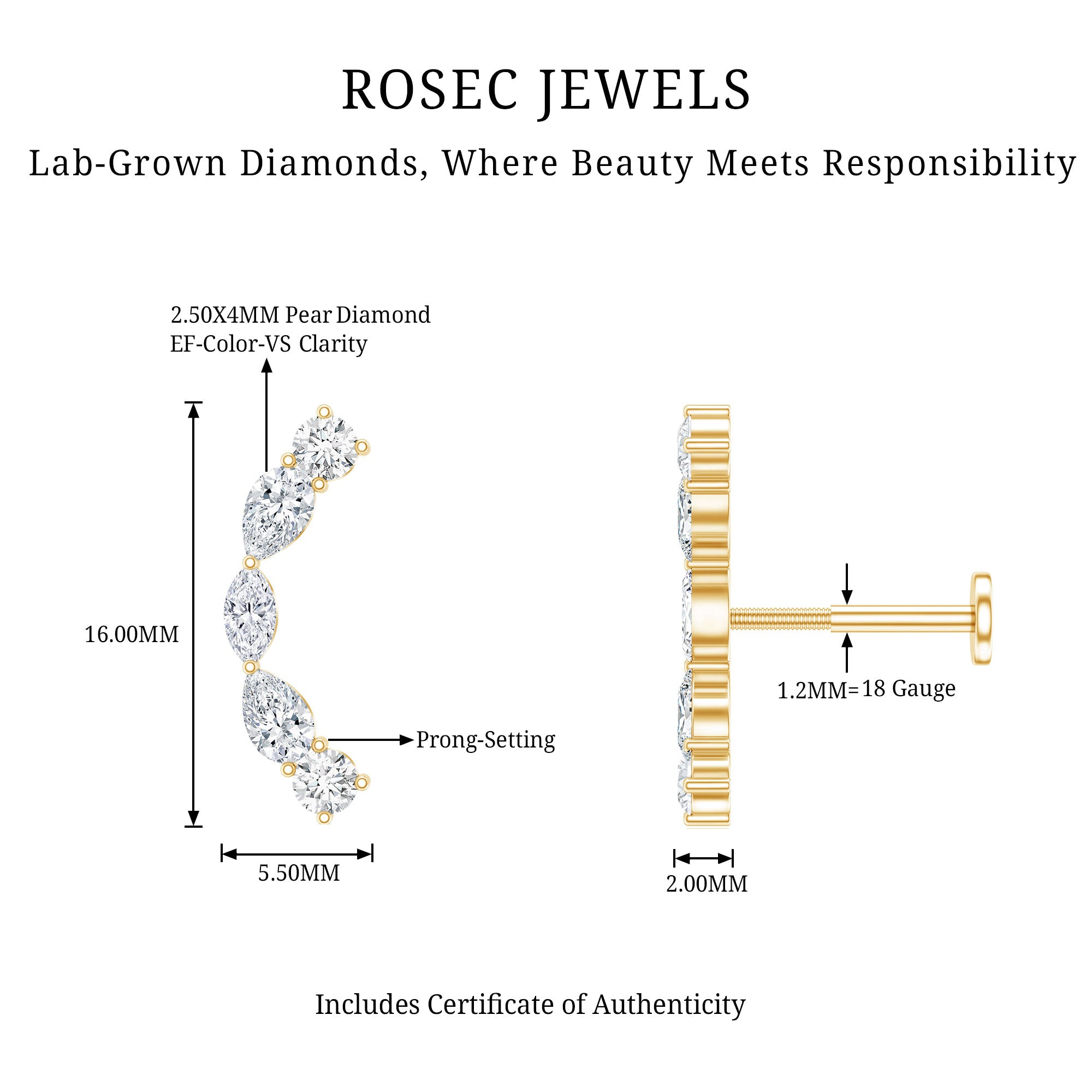 Pear Diamond Ear Crawler Earring for Helix Piercing Lab - ( EF-VS ) - Rosec Jewels