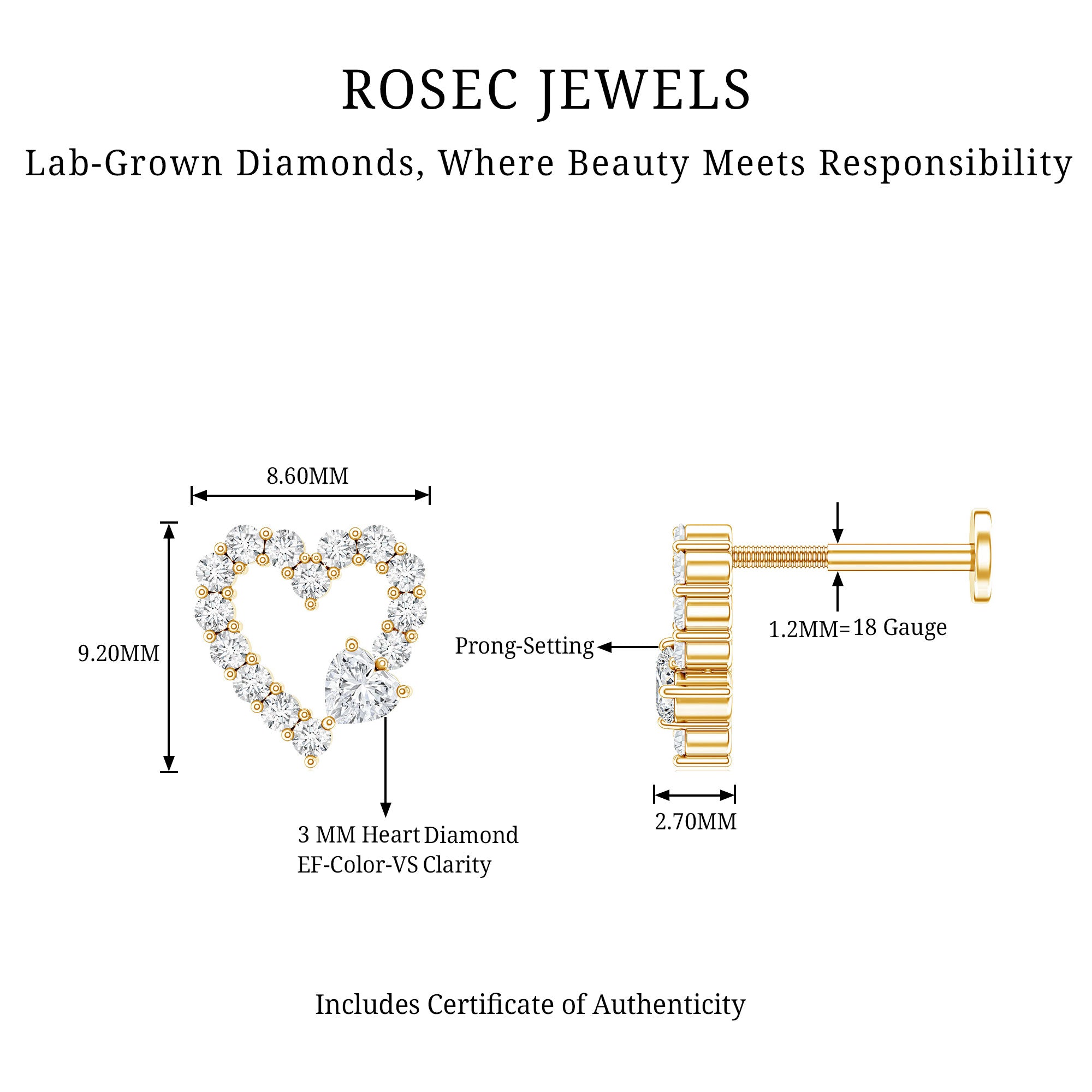 Diamond Heart Shape Cartilage Earring Lab - ( EF-VS ) - Rosec Jewels