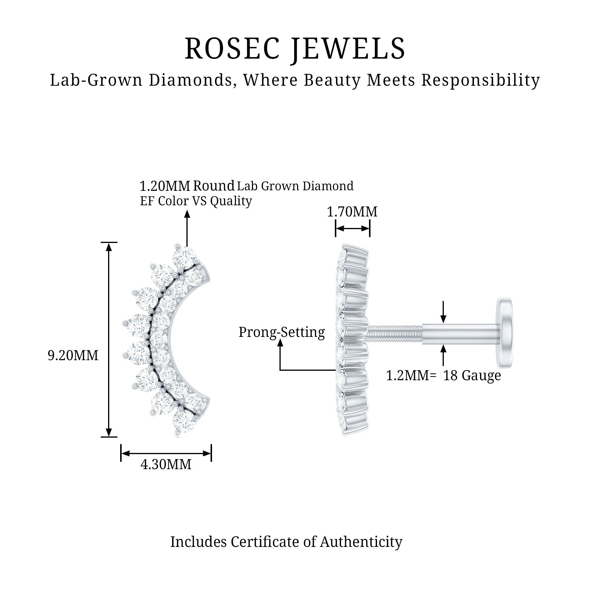 Certified Diamond Curved Cartilage Earring Lab - ( EF-VS ) - Rosec Jewels