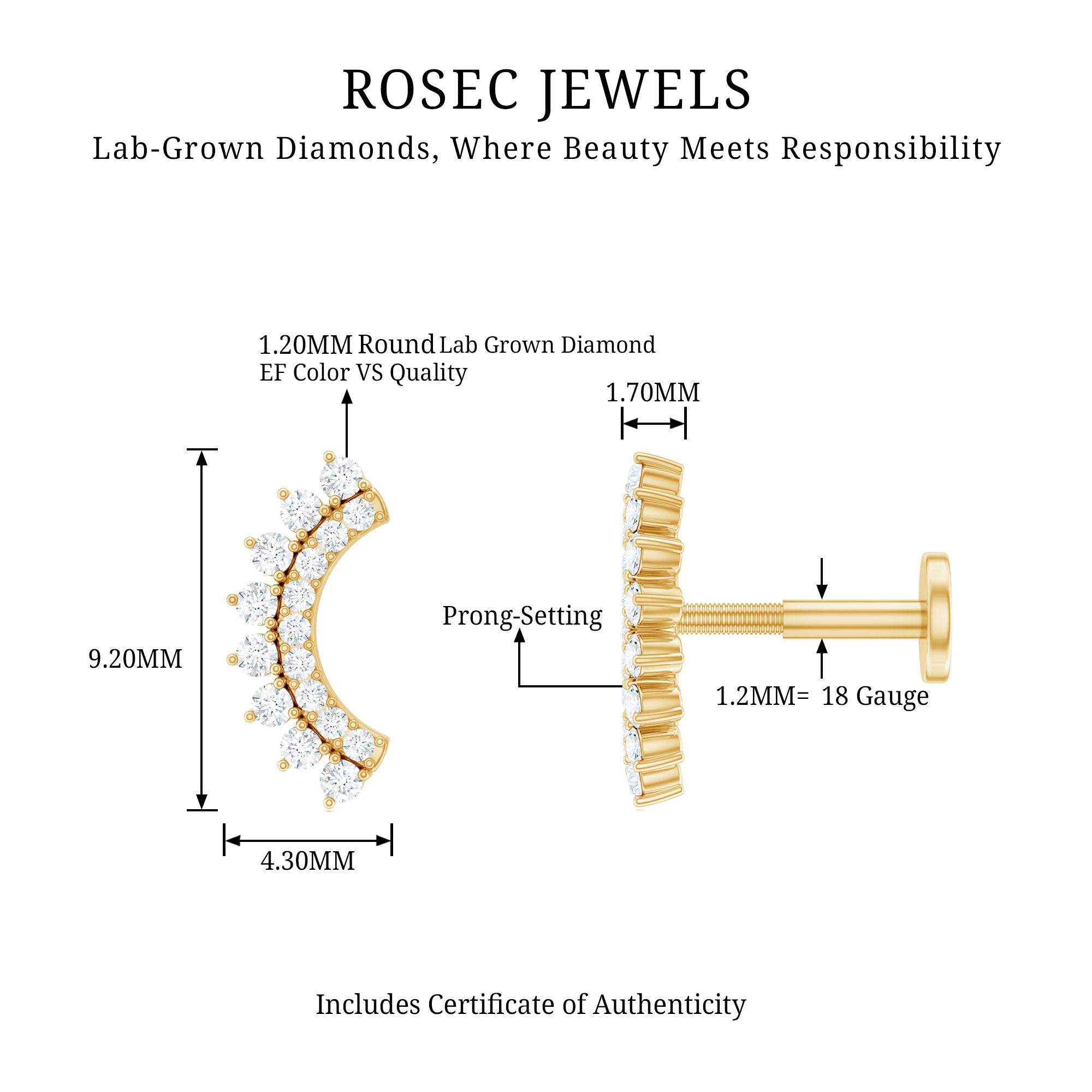 Certified Diamond Curved Cartilage Earring Lab - ( EF-VS ) - Rosec Jewels