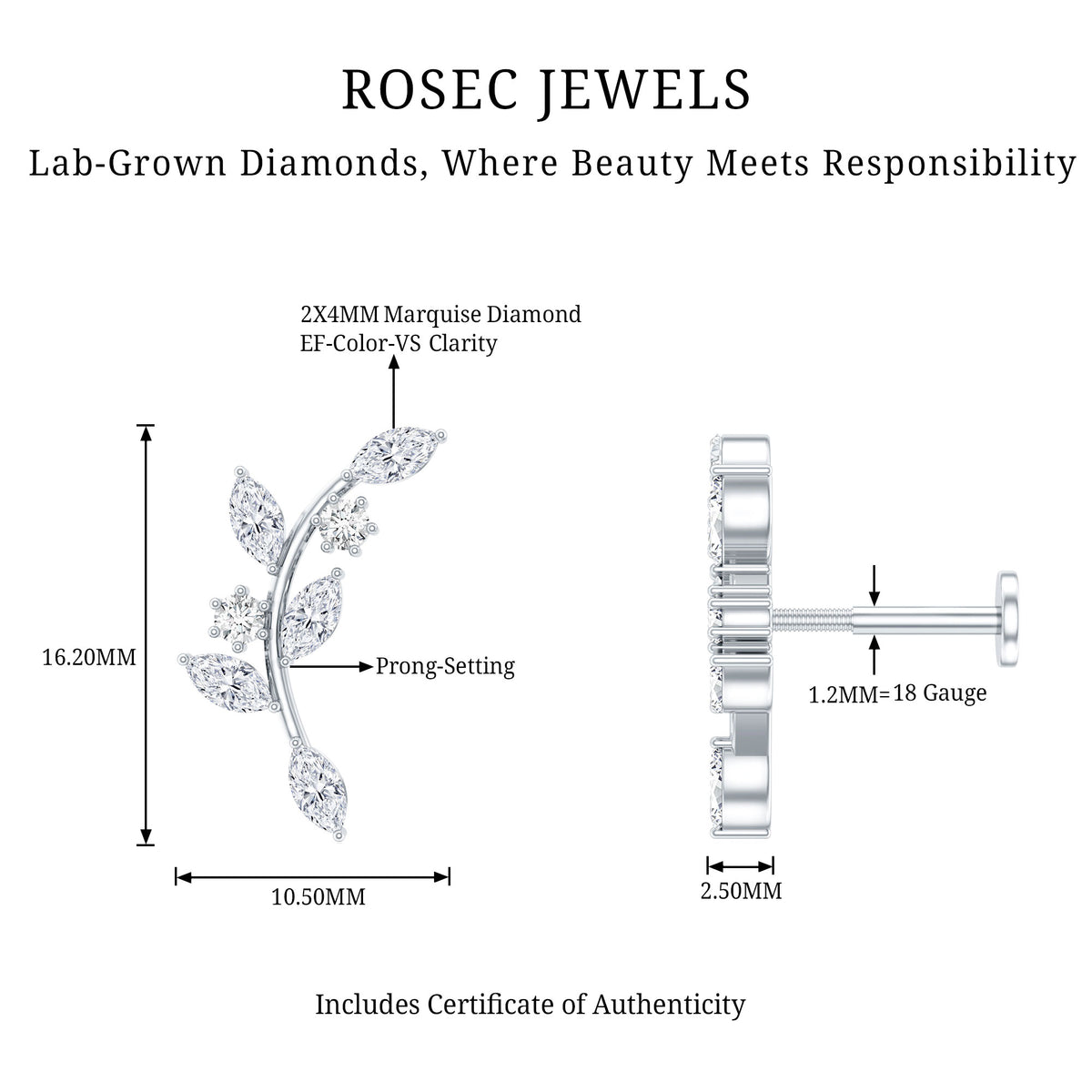 Womens Marquise Diamond Leaf Crawler Earring Lab - ( EF-VS ) - Rosec Jewels