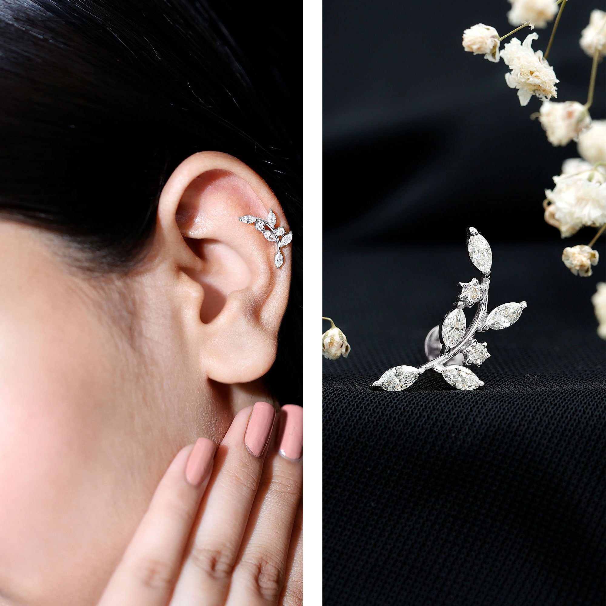 Womens Marquise Diamond Leaf Crawler Earring Lab - ( EF-VS ) - Rosec Jewels