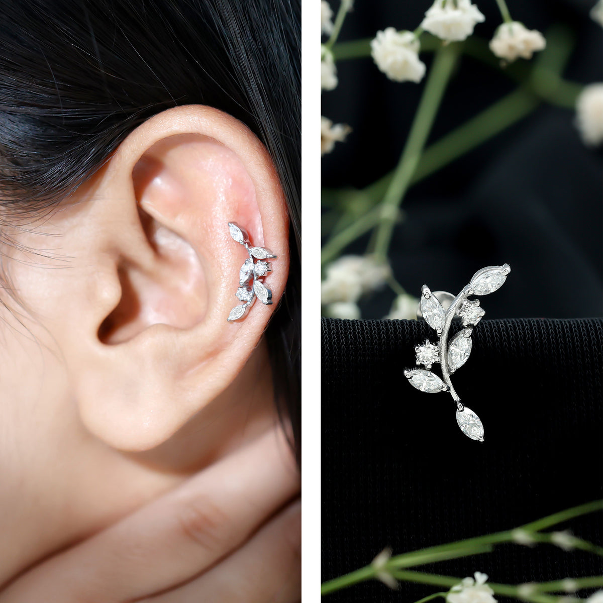 Womens Marquise Diamond Leaf Crawler Earring Lab - ( EF-VS ) - Rosec Jewels