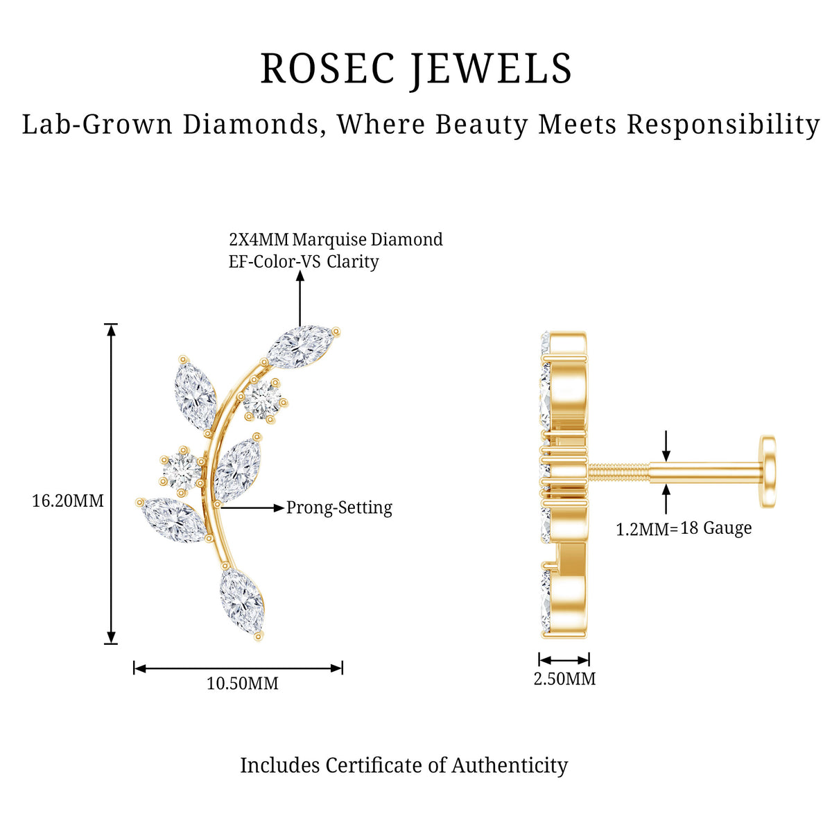 Womens Marquise Diamond Leaf Crawler Earring Lab - ( EF-VS ) - Rosec Jewels