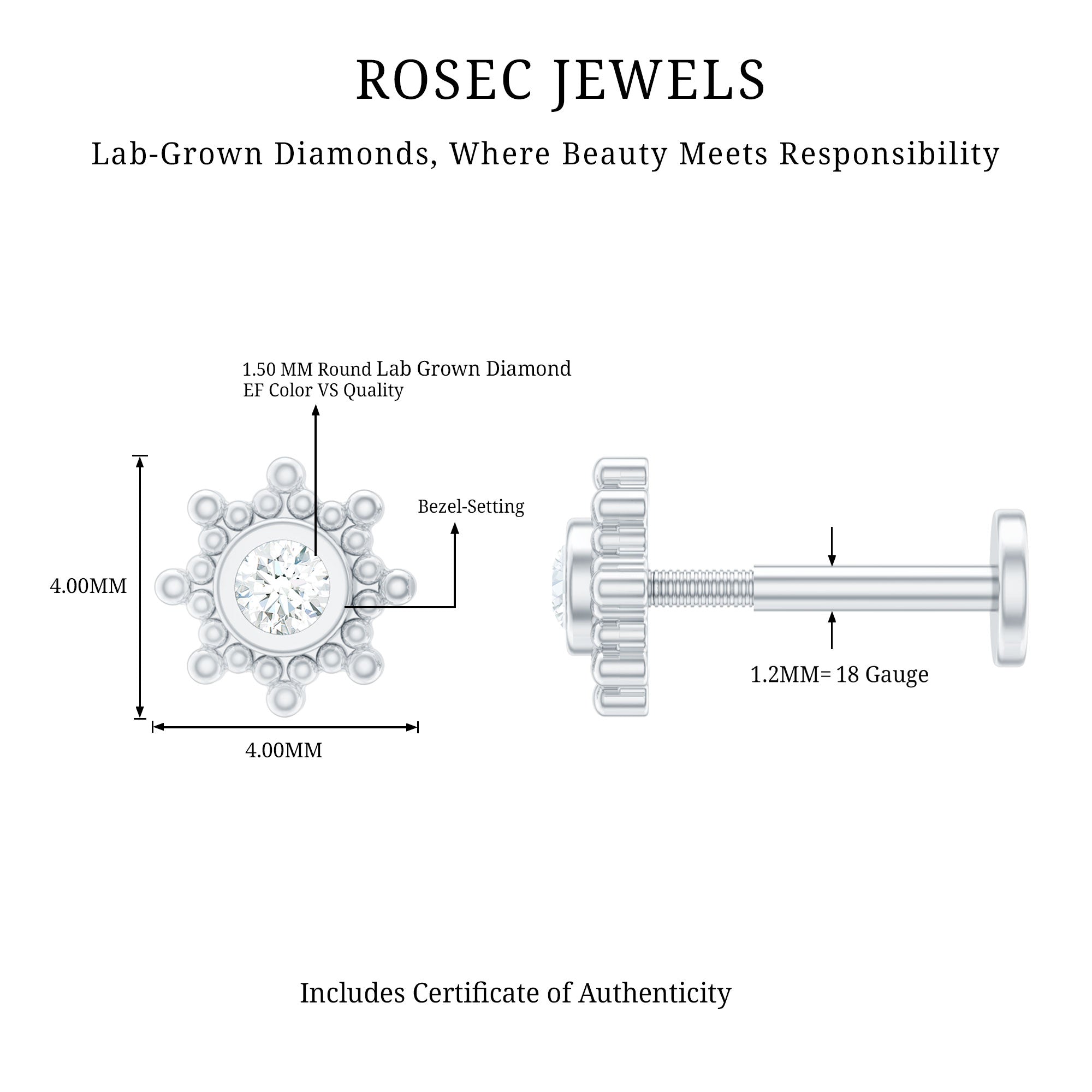 Minimal Diamond Cartilage Earring Stud with Flat Back Lab - ( EF-VS ) - Rosec Jewels