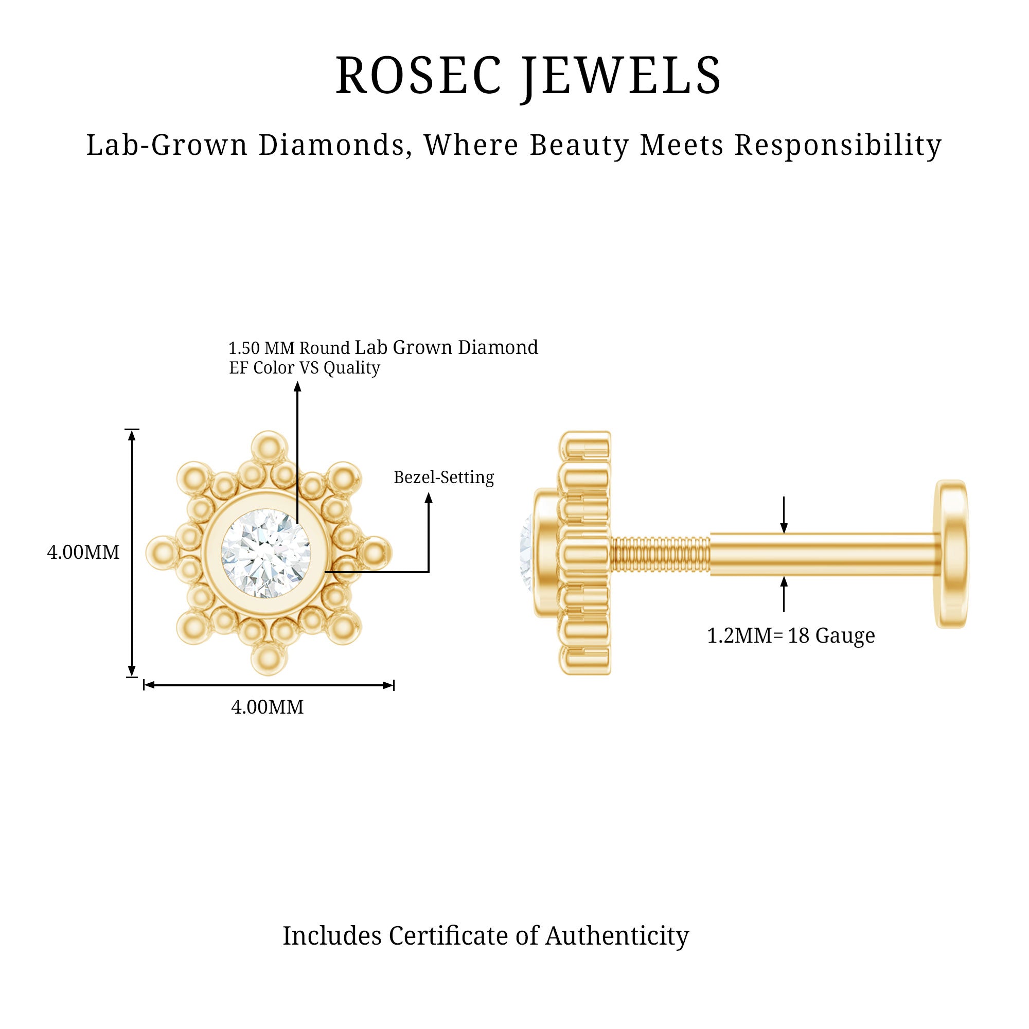 Minimal Diamond Cartilage Earring Stud with Flat Back Lab - ( EF-VS ) - Rosec Jewels