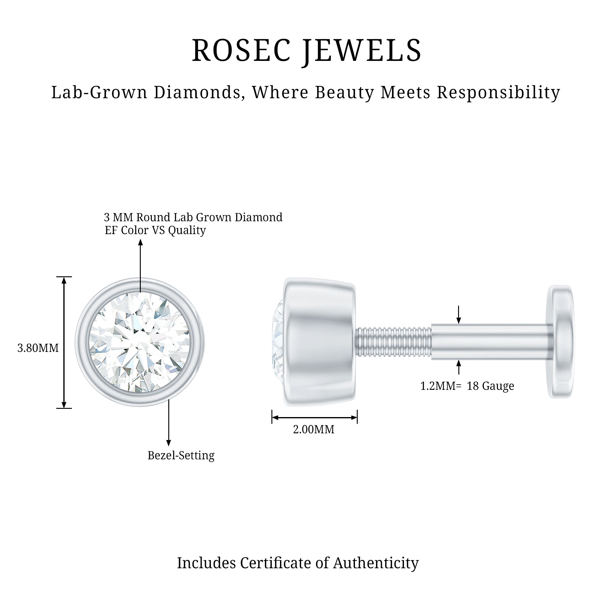 Bezel Set Diamond Cartilage Earring with Flat Back Lab - ( EF-VS ) - Rosec Jewels