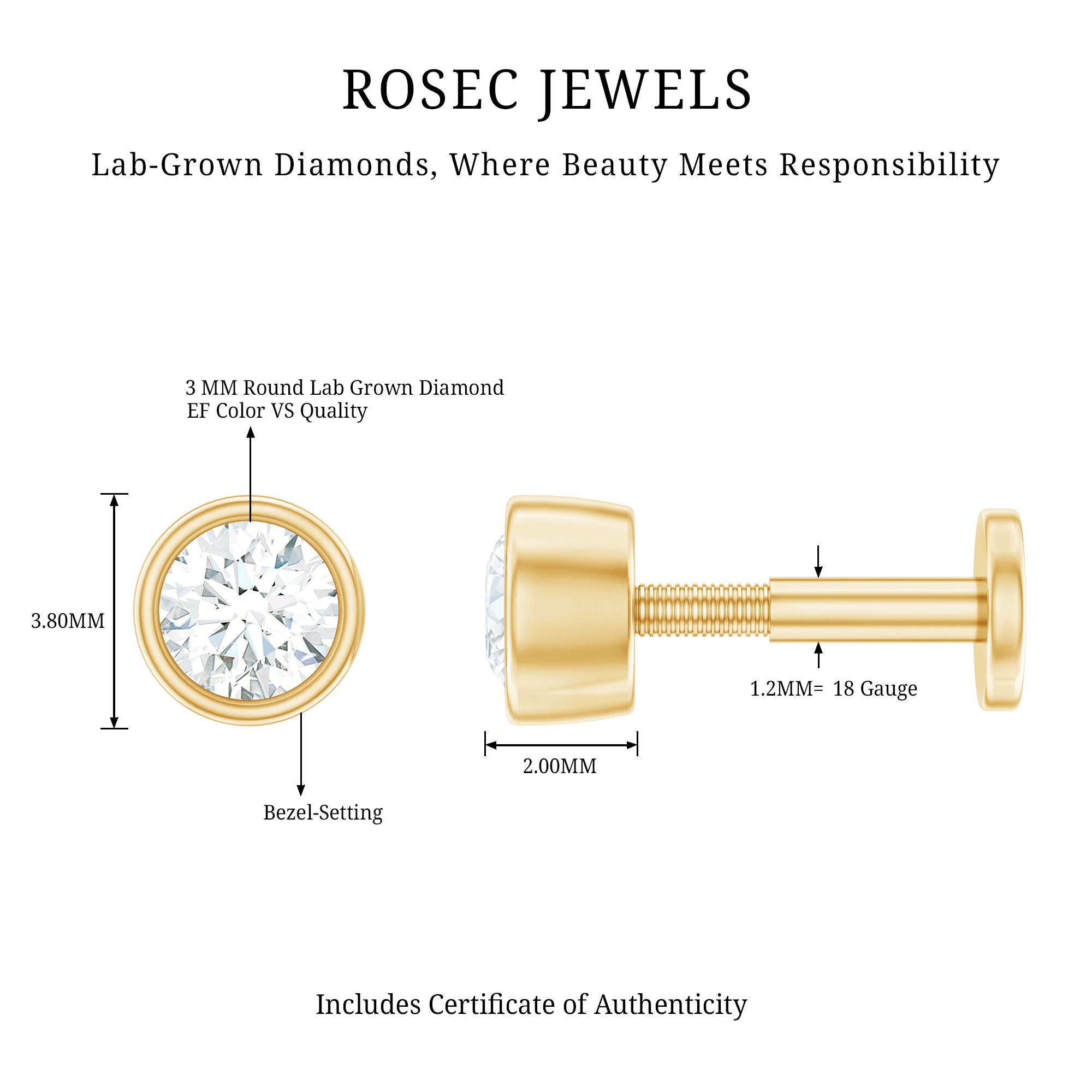 Bezel Set Diamond Cartilage Earring with Flat Back Lab - ( EF-VS ) - Rosec Jewels