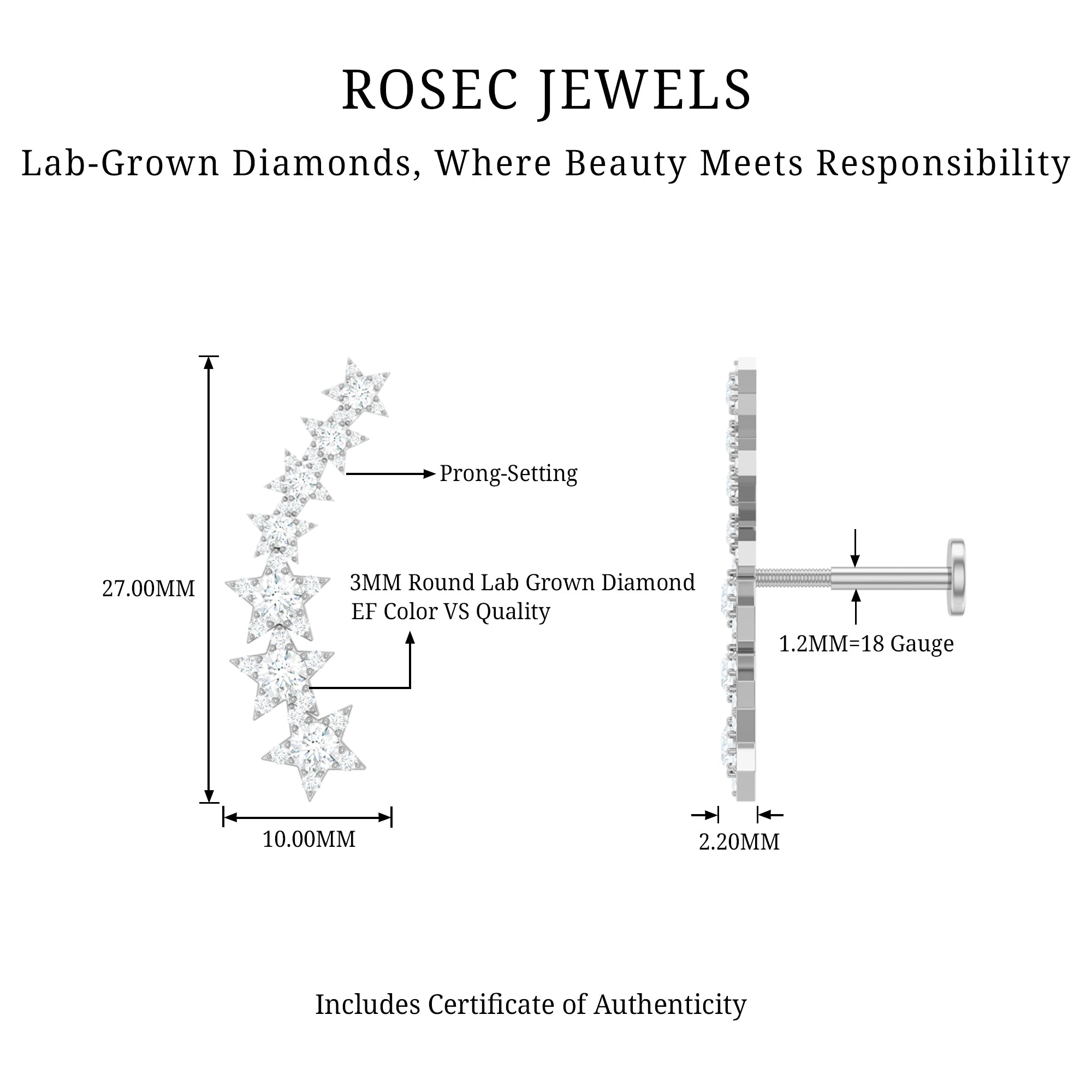 Graduated Diamond Star Crawler Earring for Helix Piercing Lab - ( EF-VS ) - Rosec Jewels