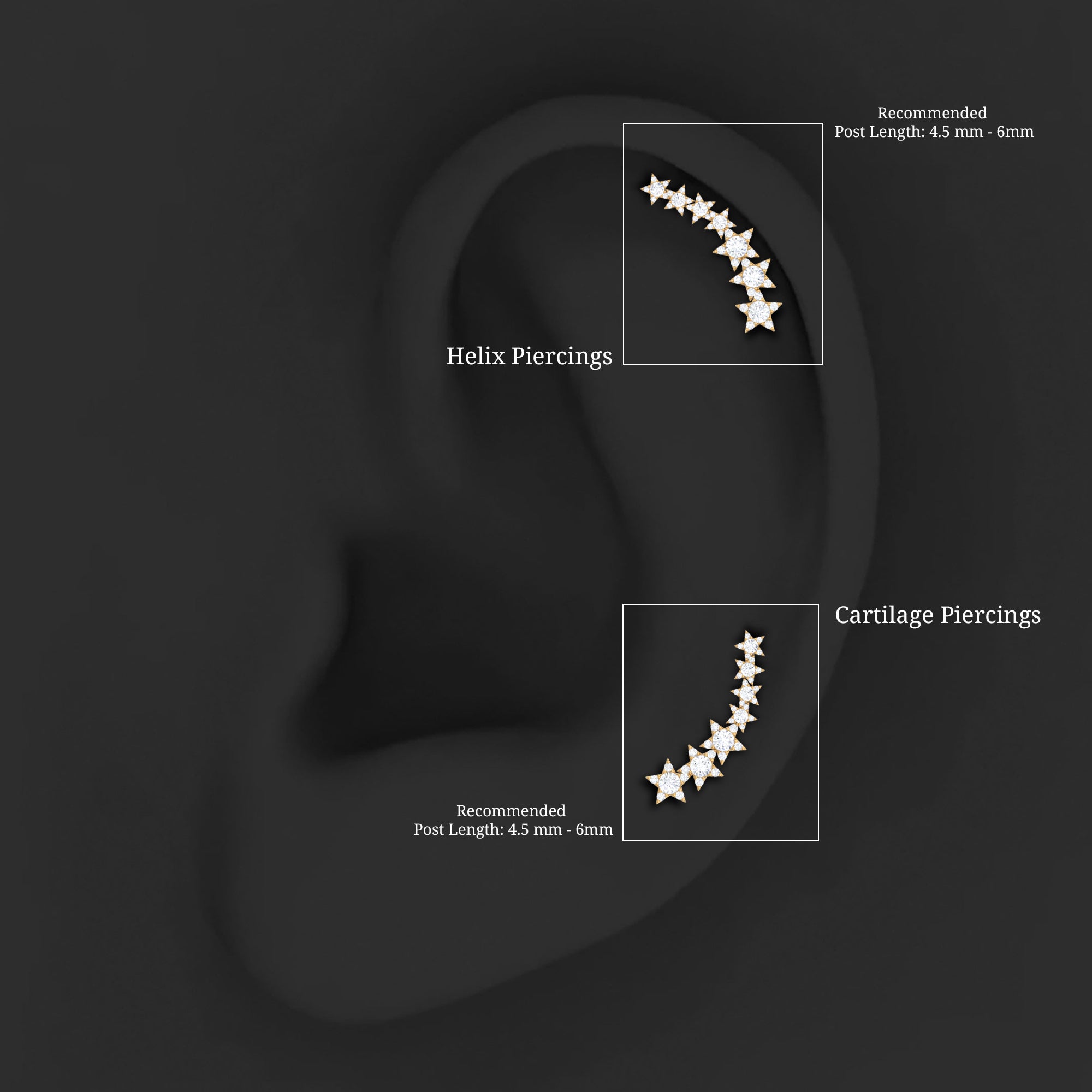 Graduated Diamond Star Crawler Earring for Helix Piercing Lab - ( EF-VS ) - Rosec Jewels