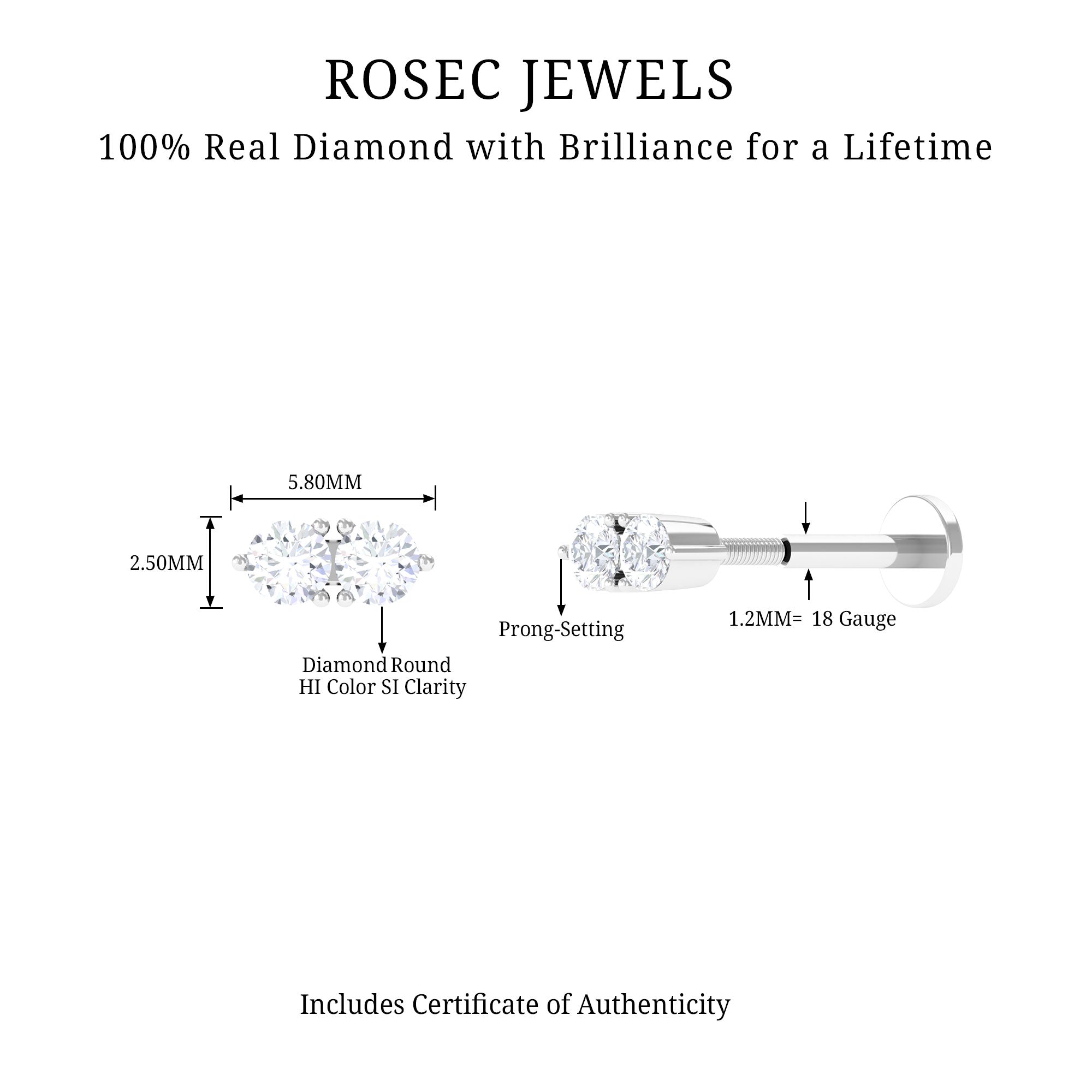 Natural Diamond 2 Stone Earring for Tragus Piercing Lab - ( EF-VS ) - Rosec Jewels