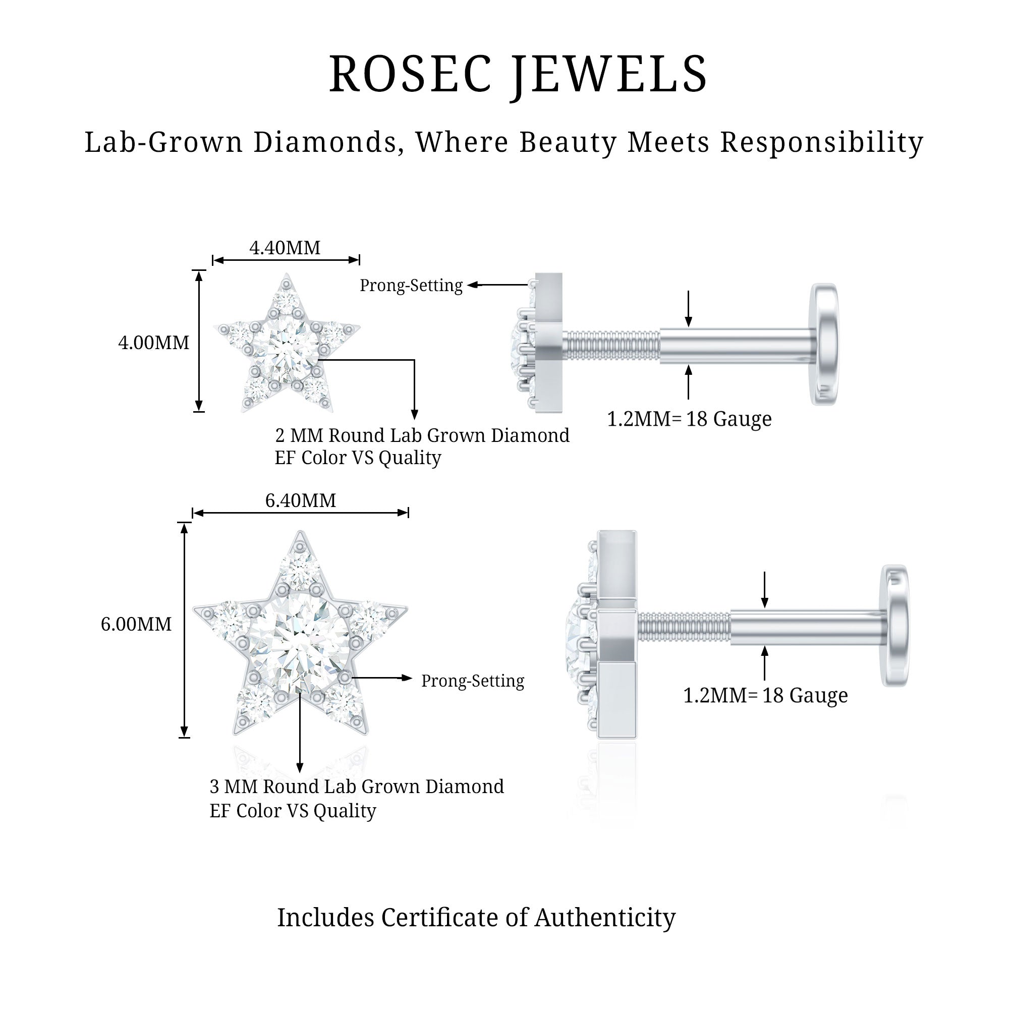 Minimalist Diamond Star Earring for Tragus Piercing Lab - ( EF-VS ) - Rosec Jewels