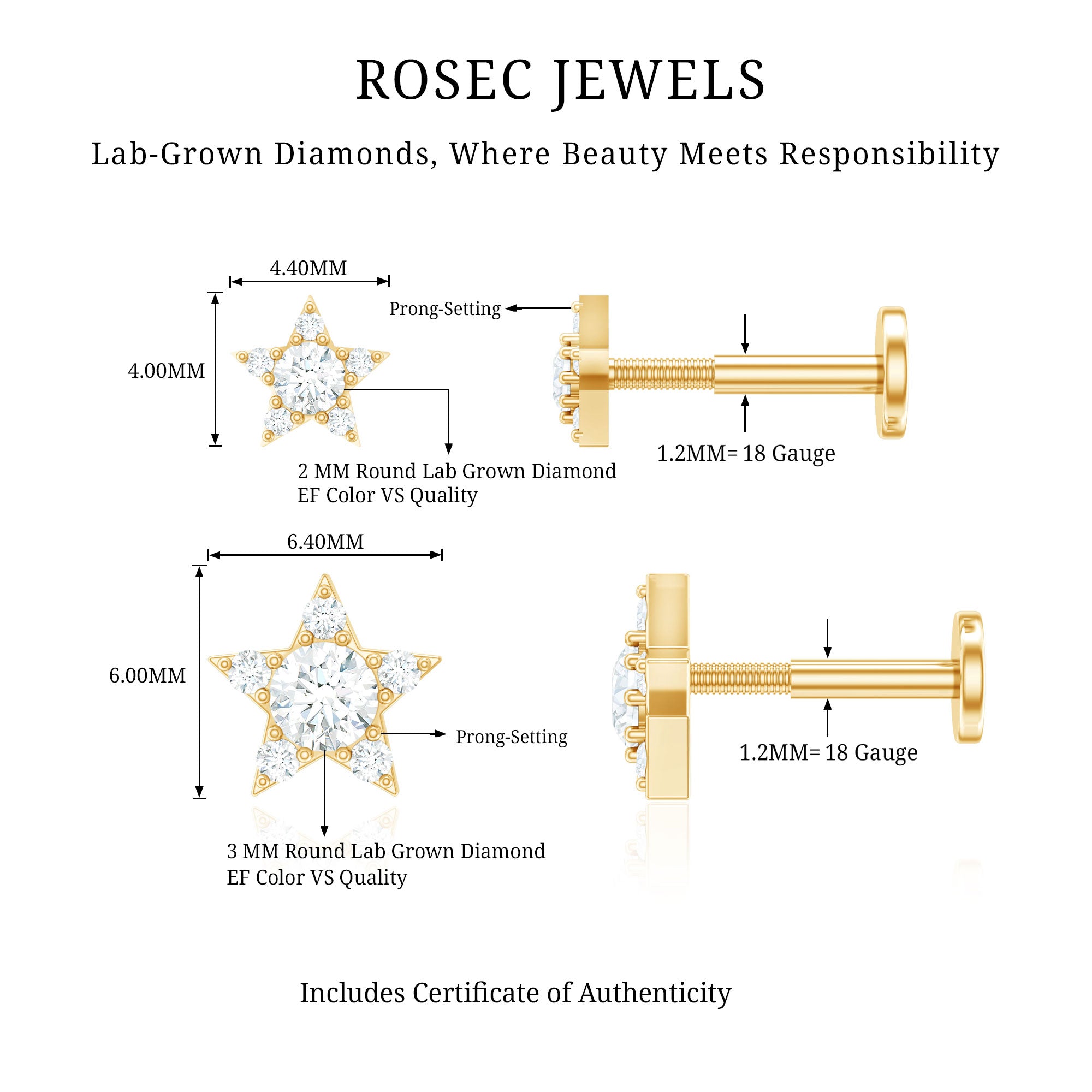 Minimalist Diamond Star Earring for Tragus Piercing Lab - ( EF-VS ) - Rosec Jewels
