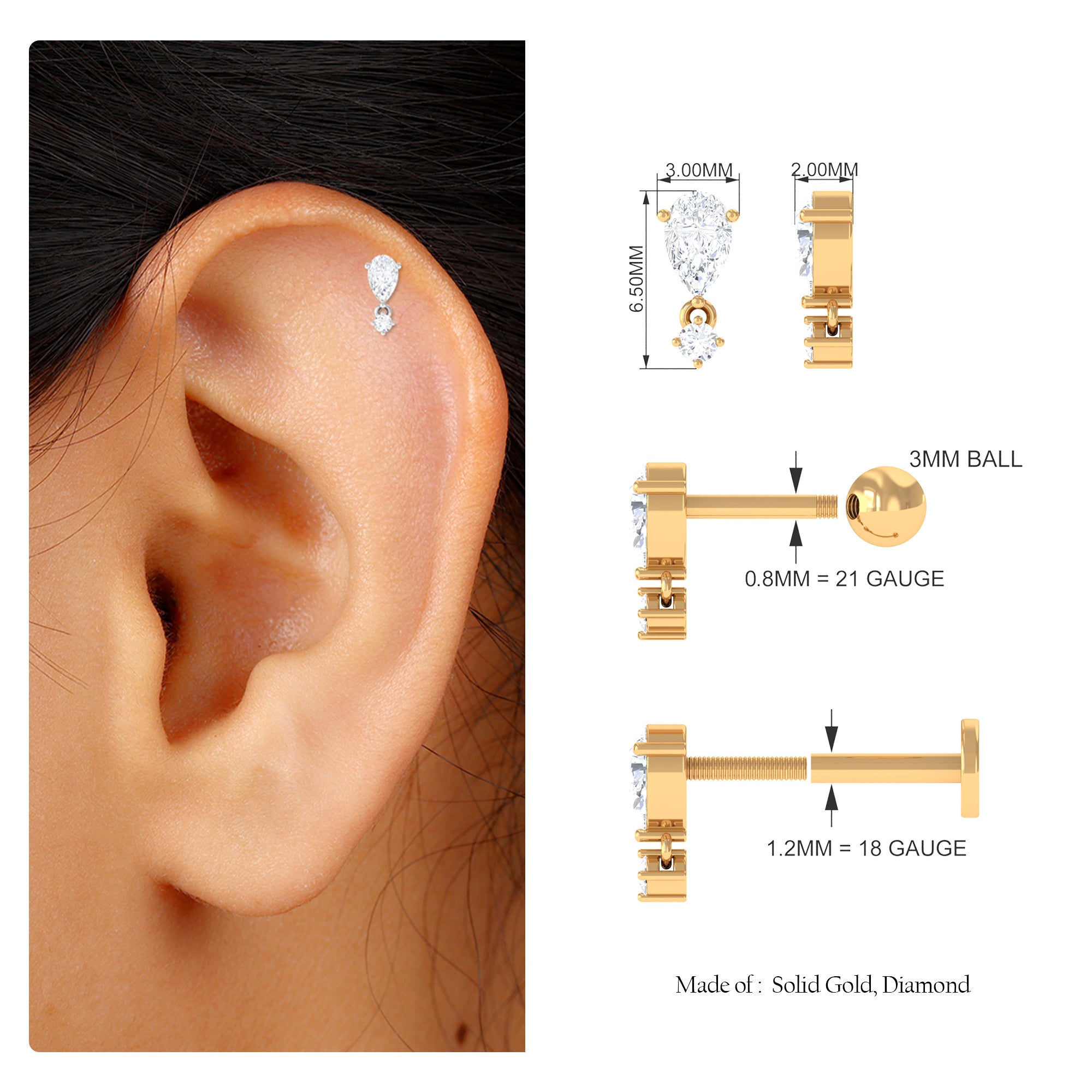 Pear Diamond Drop Earring for Helix Piercing Lab - ( EF-VS ) - Rosec Jewels