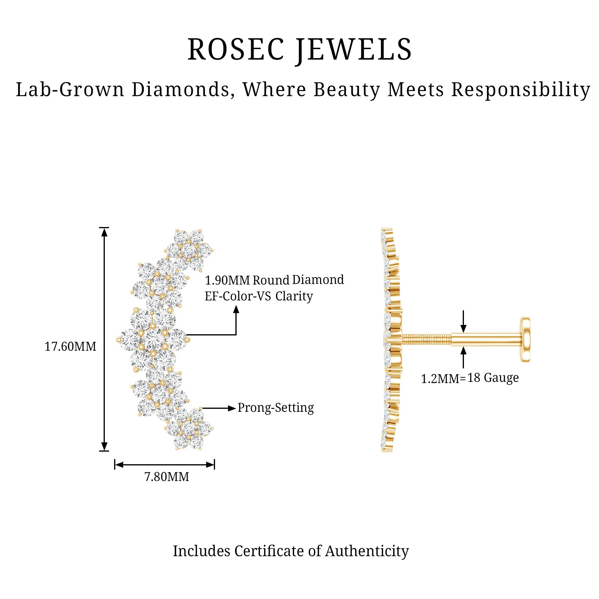 Diamond Flower Ear Crawler Earring Lab - ( EF-VS ) - Rosec Jewels