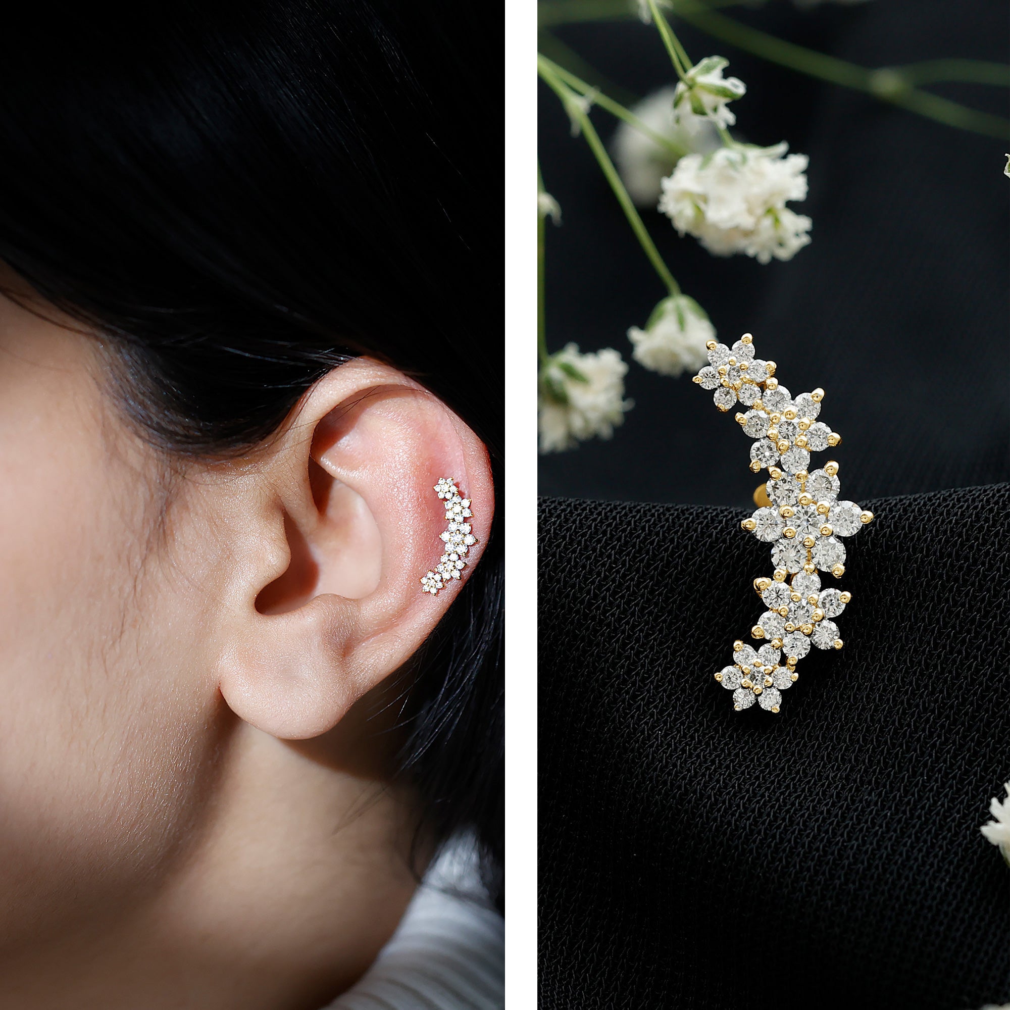 Diamond Flower Ear Crawler Earring Lab - ( EF-VS ) - Rosec Jewels