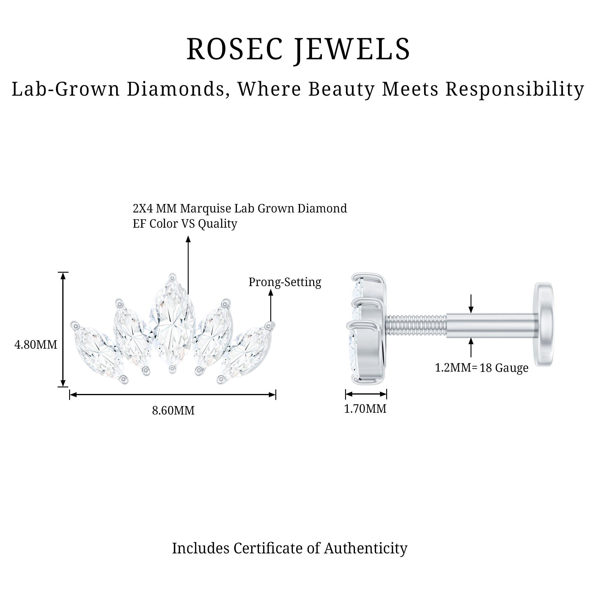 Certified Marquise Cut Diamond Helix Earring for Women Lab - ( EF-VS ) - Rosec Jewels