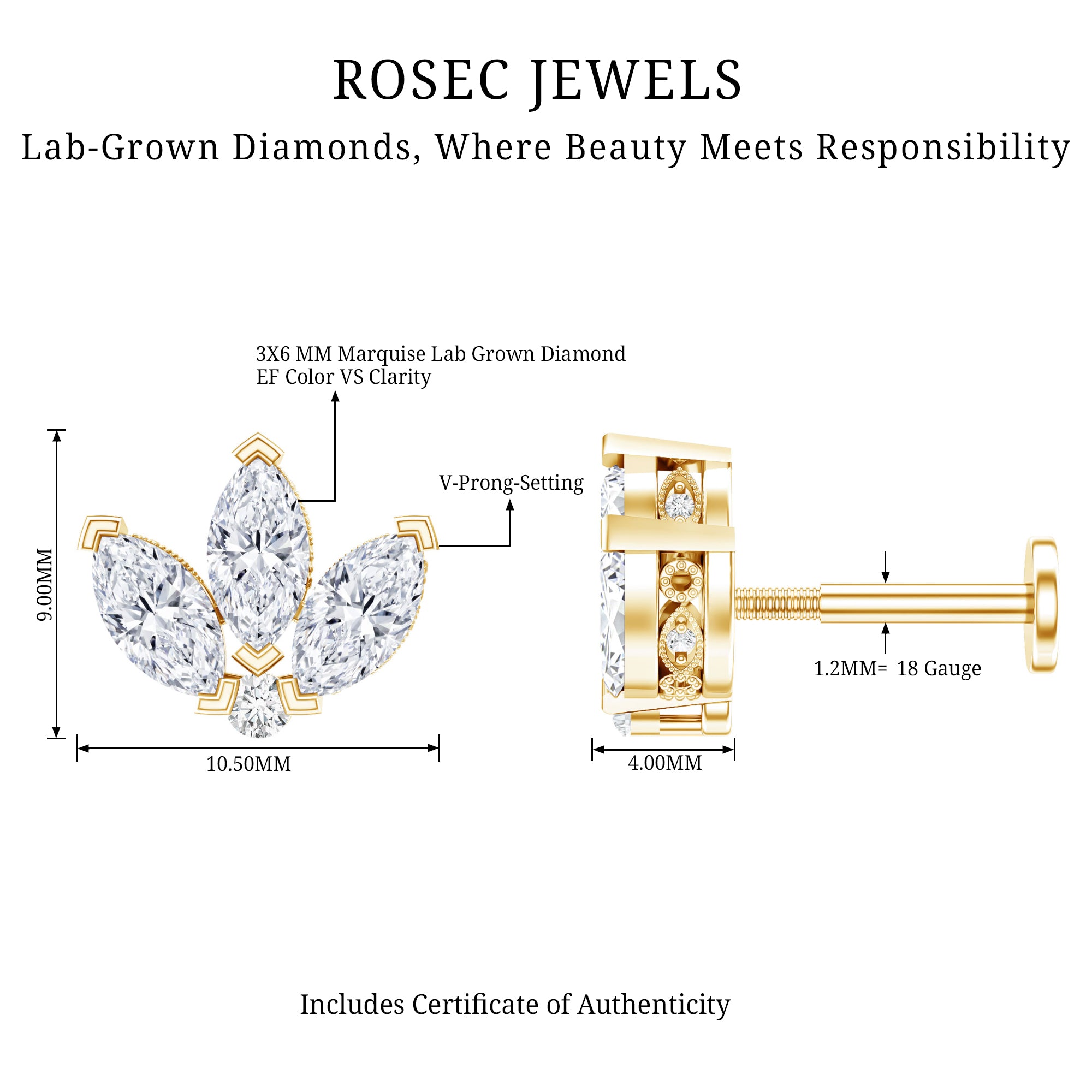 Marquise Diamond Lotus Flower Earring for Helix Piercing Lab - ( EF-VS ) - Rosec Jewels