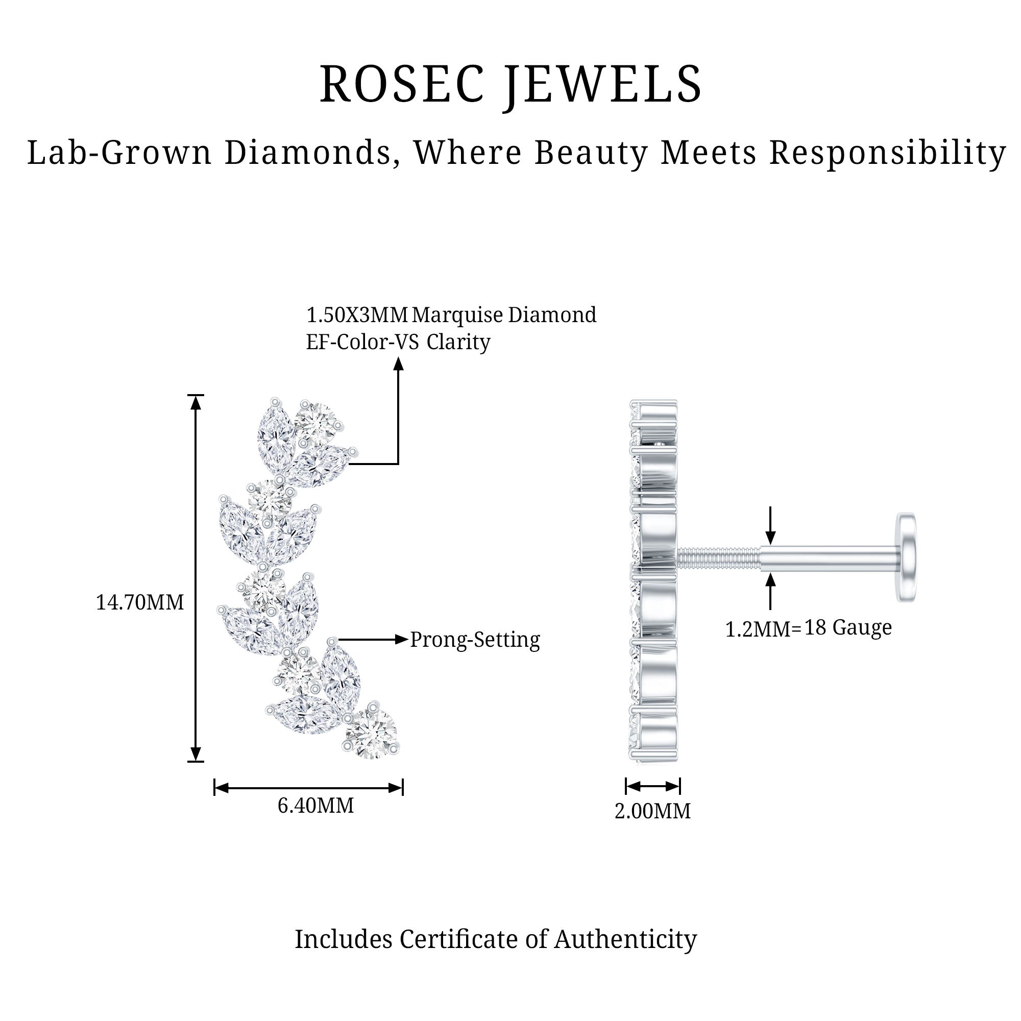 Nature Inspired Diamond Leaf Crawler Helix Earring Lab - ( EF-VS ) - Rosec Jewels