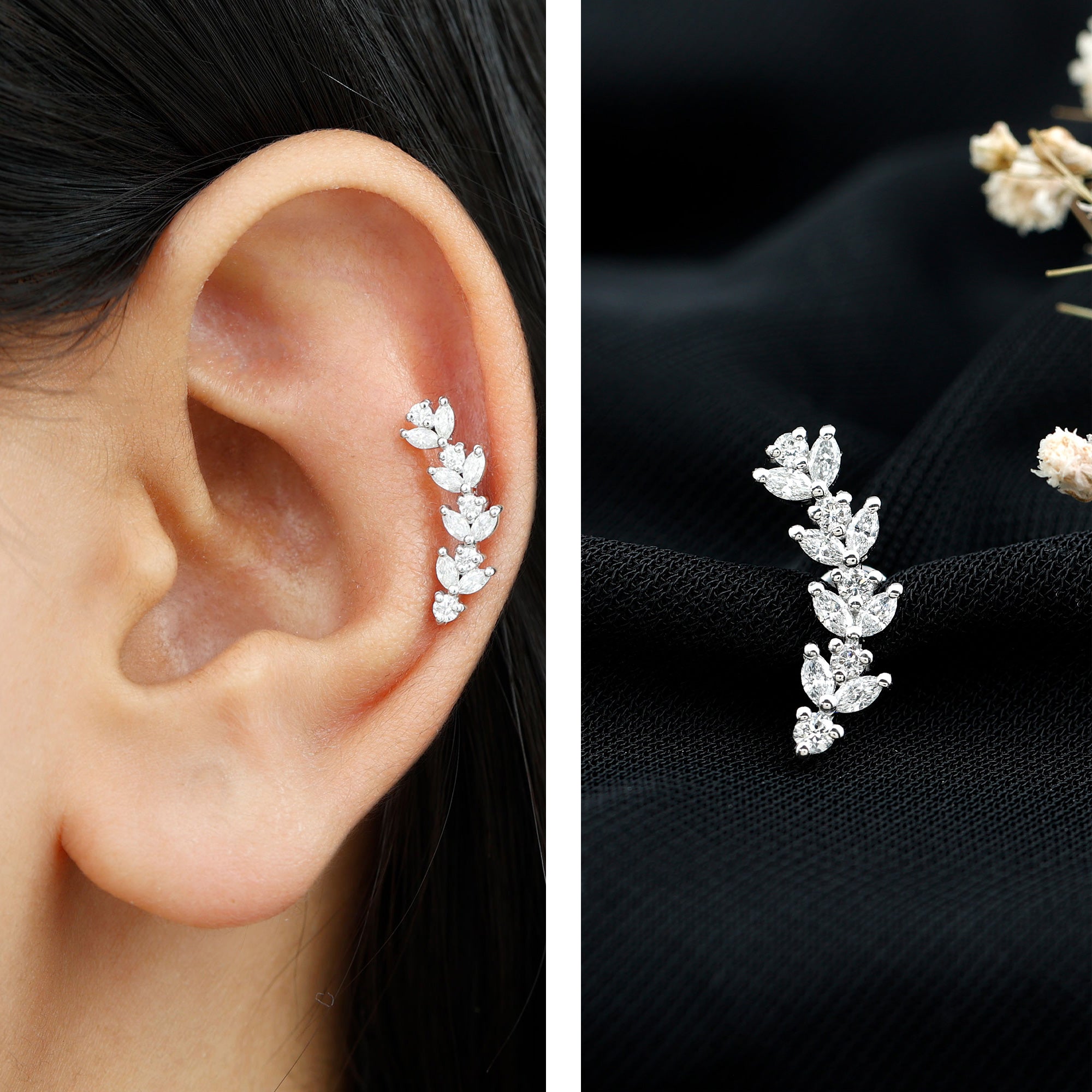 Nature Inspired Diamond Leaf Crawler Helix Earring Lab - ( EF-VS ) - Rosec Jewels