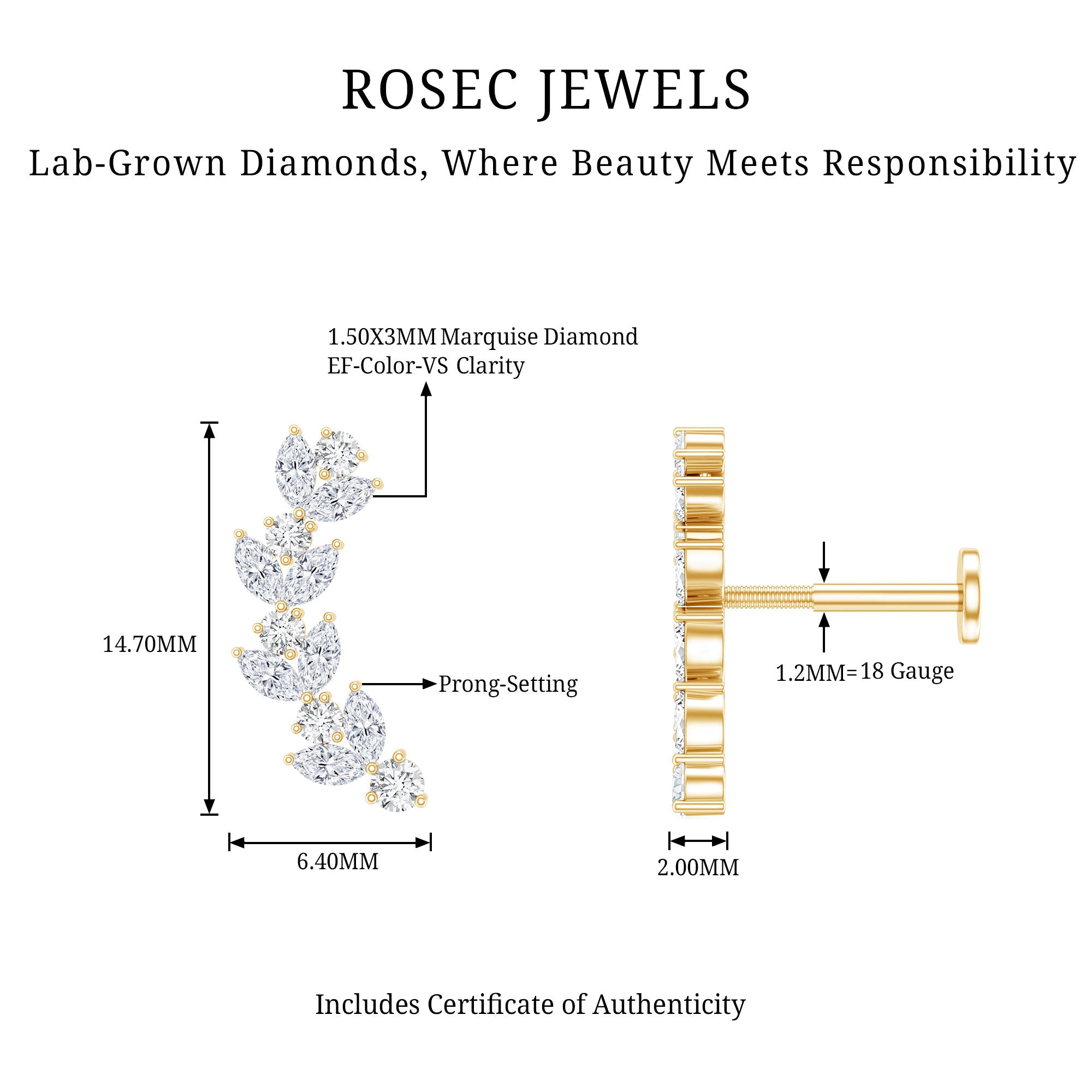 Nature Inspired Diamond Leaf Crawler Helix Earring Lab - ( EF-VS ) - Rosec Jewels