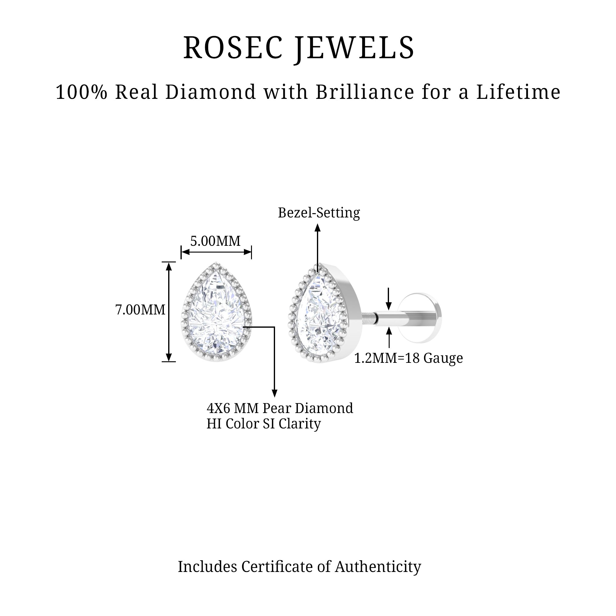 Solitaire Diamond Teardrop Stud Earring for Helix Piercing Lab - ( EF-VS ) - Rosec Jewels