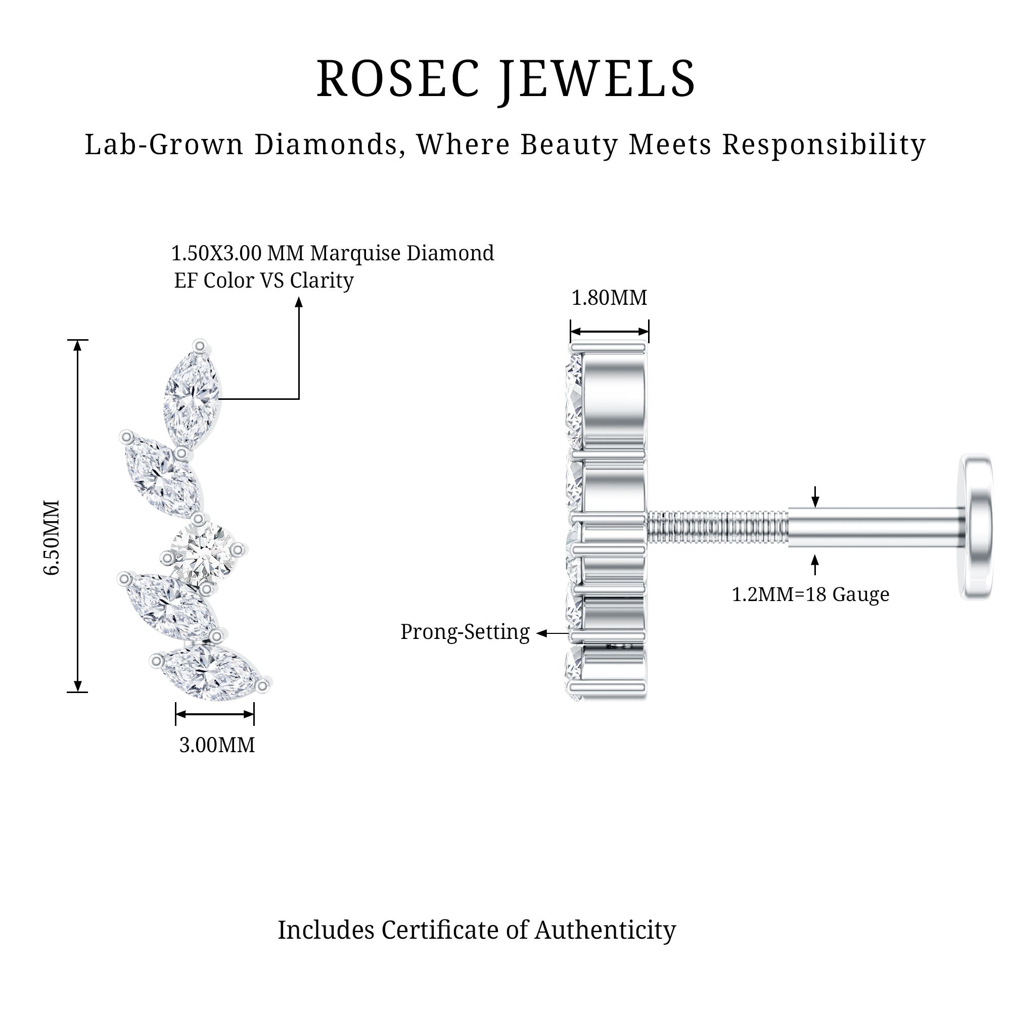 Marquise Shape Diamond Leaf Crawler Helix Earring Lab - ( EF-VS ) - Rosec Jewels