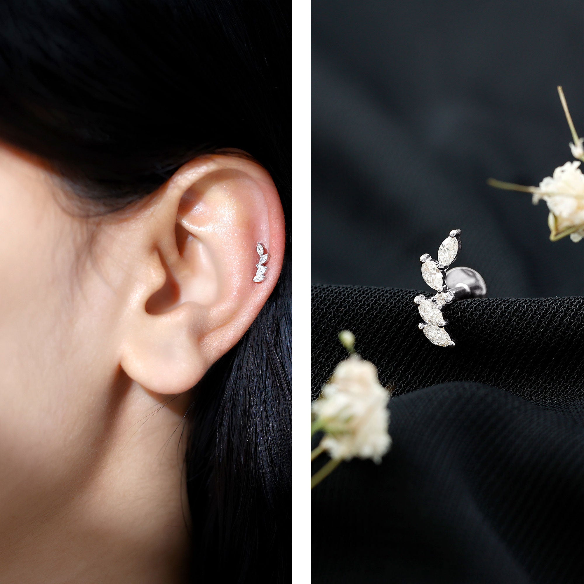 Marquise Shape Diamond Leaf Crawler Helix Earring Lab - ( EF-VS ) - Rosec Jewels