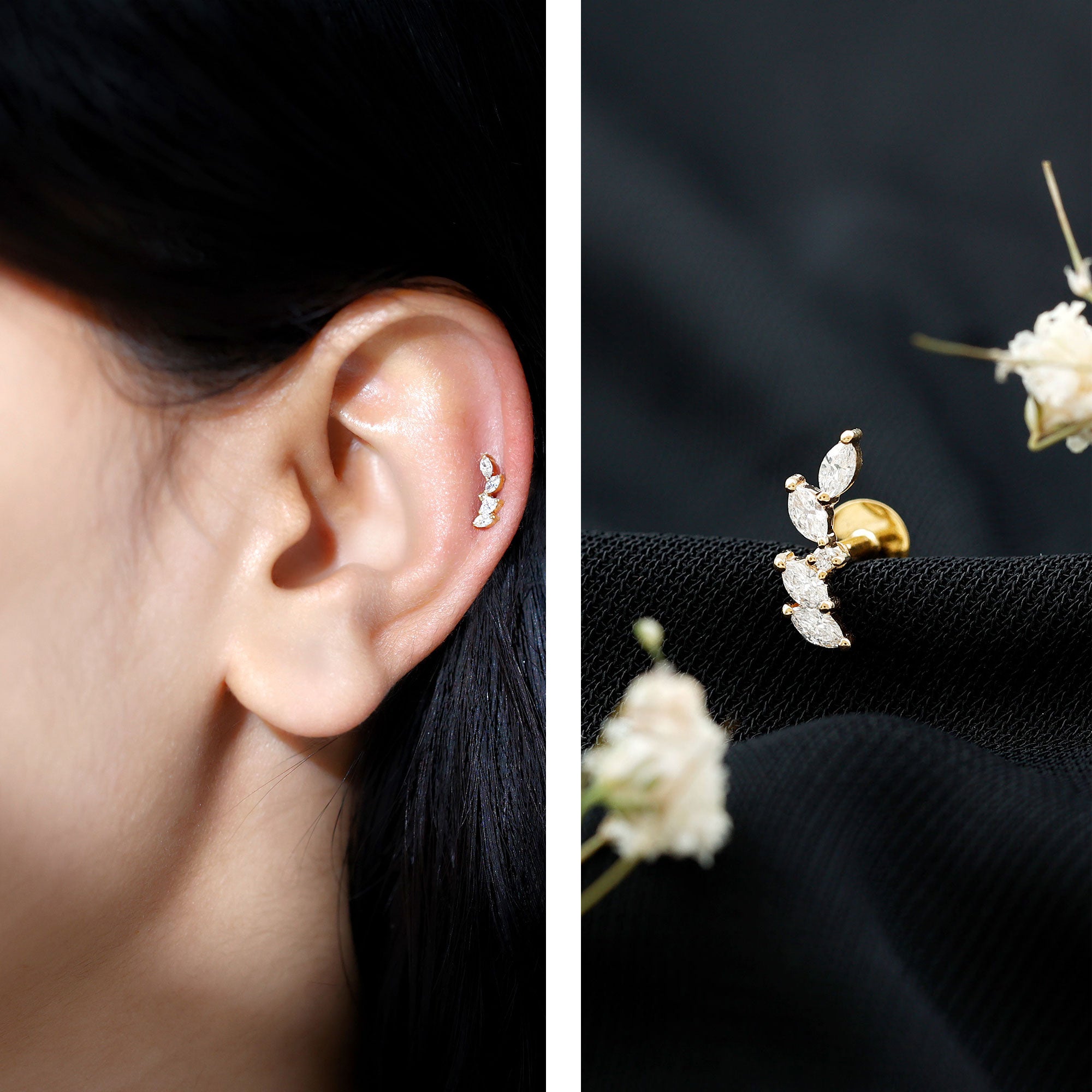 Marquise Shape Diamond Leaf Crawler Helix Earring Lab - ( EF-VS ) - Rosec Jewels