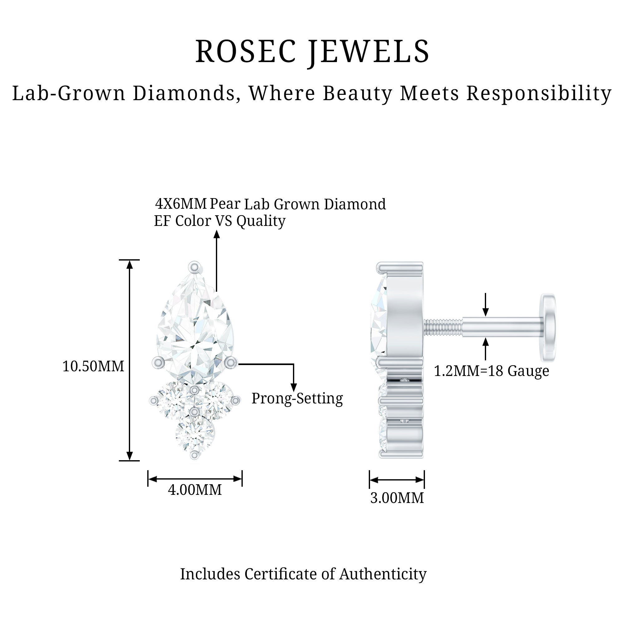 Pear and Round Diamond Earring for Helix Piercing Lab - ( EF-VS ) - Rosec Jewels